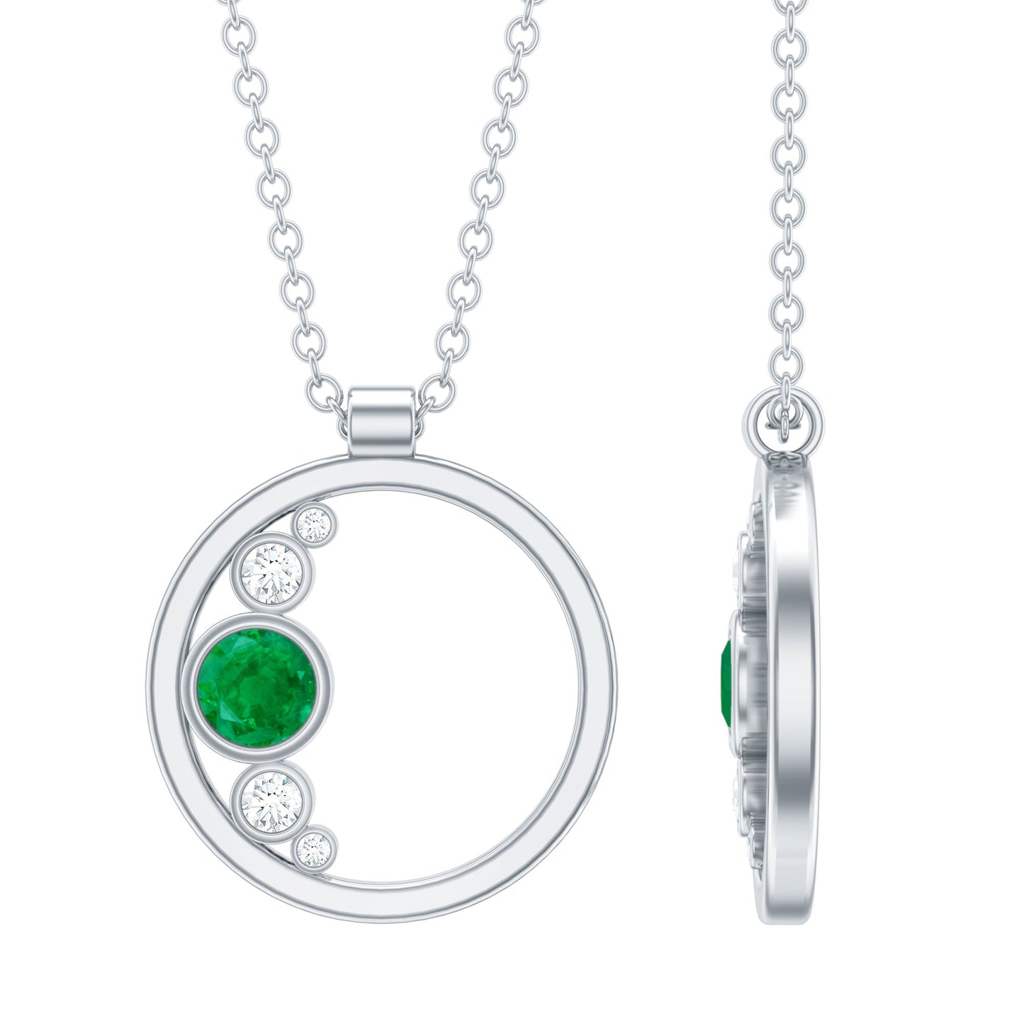 Bezel Set Emerald and Diamond Promise Necklace For Women