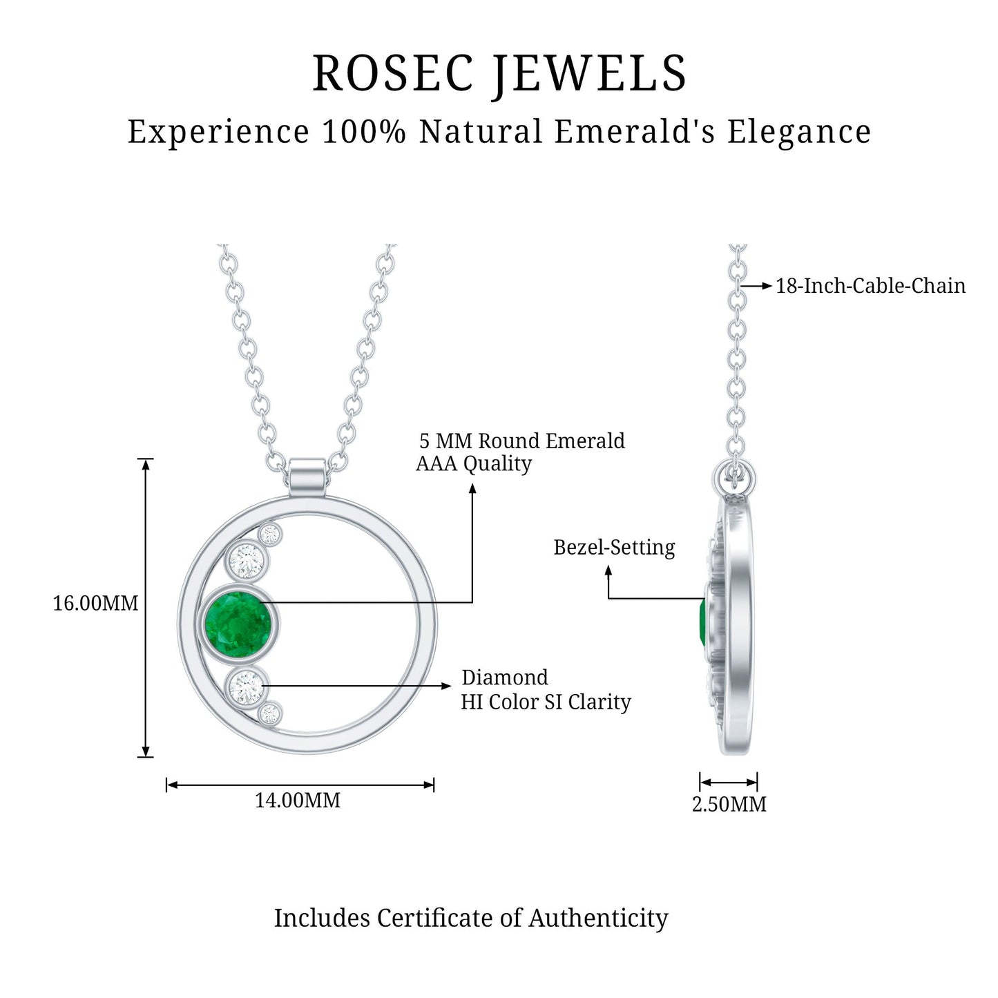 Bezel Set Emerald and Diamond Promise Necklace For Women
