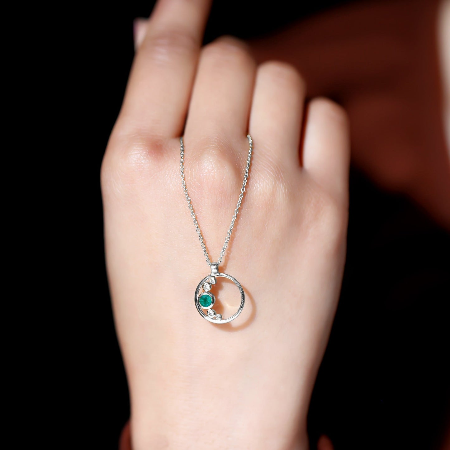 Bezel Set Emerald and Diamond Promise Necklace For Women