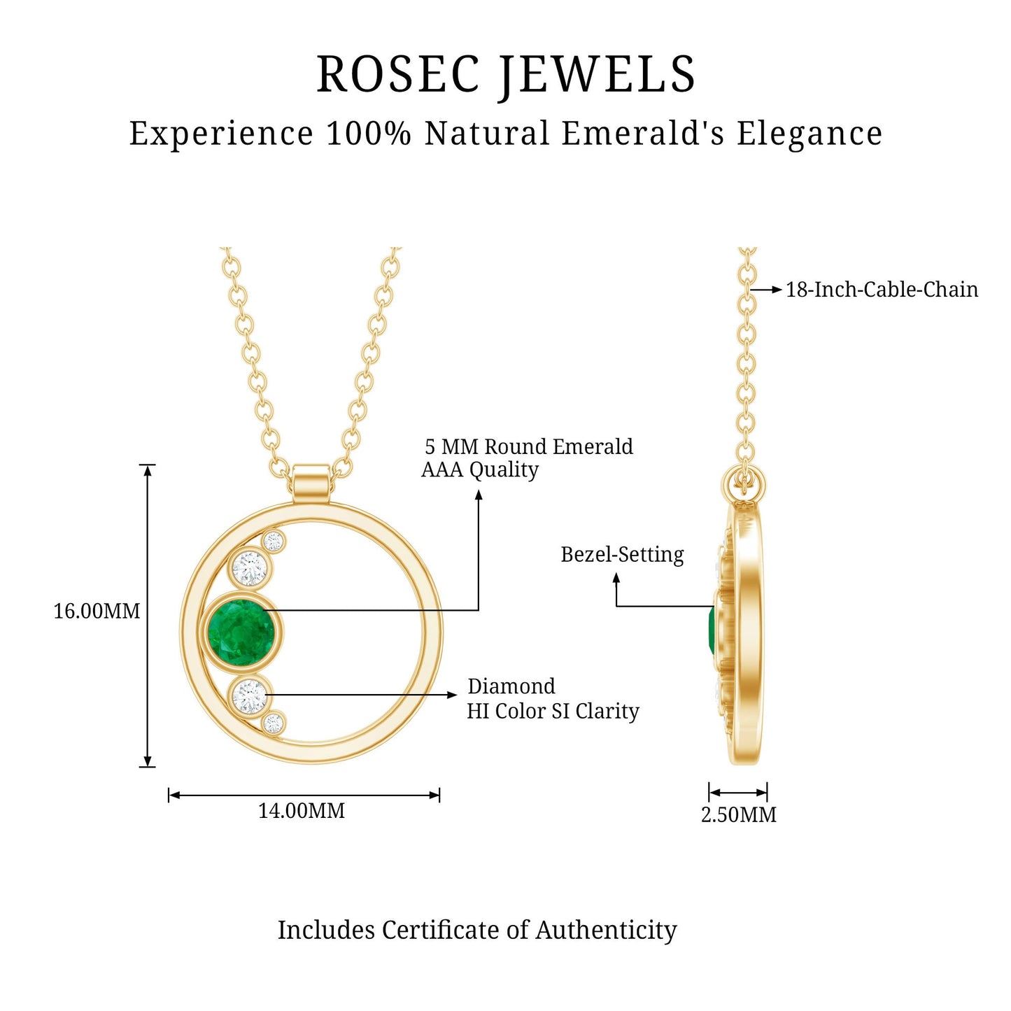 Bezel Set Emerald and Diamond Promise Necklace For Women