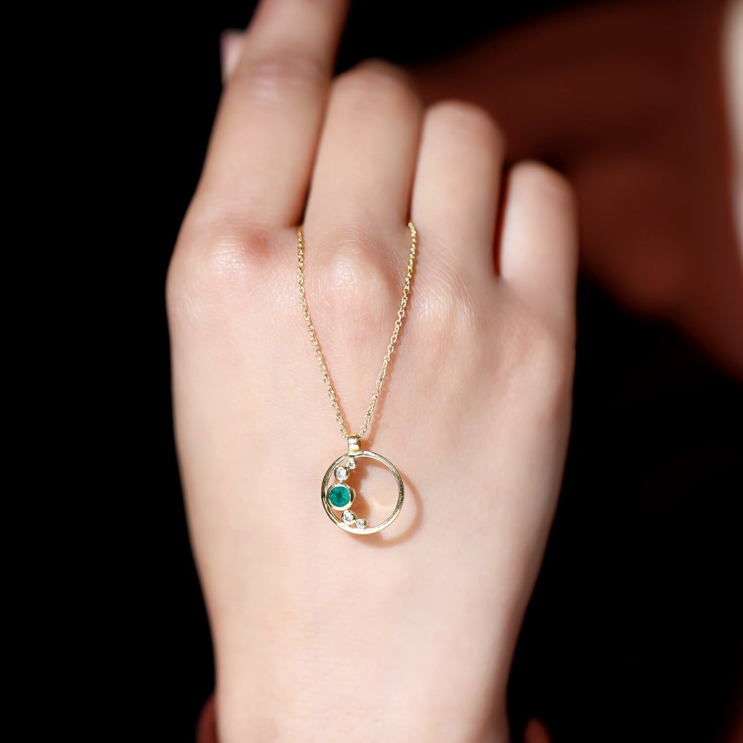 Bezel Set Emerald and Diamond Promise Necklace For Women