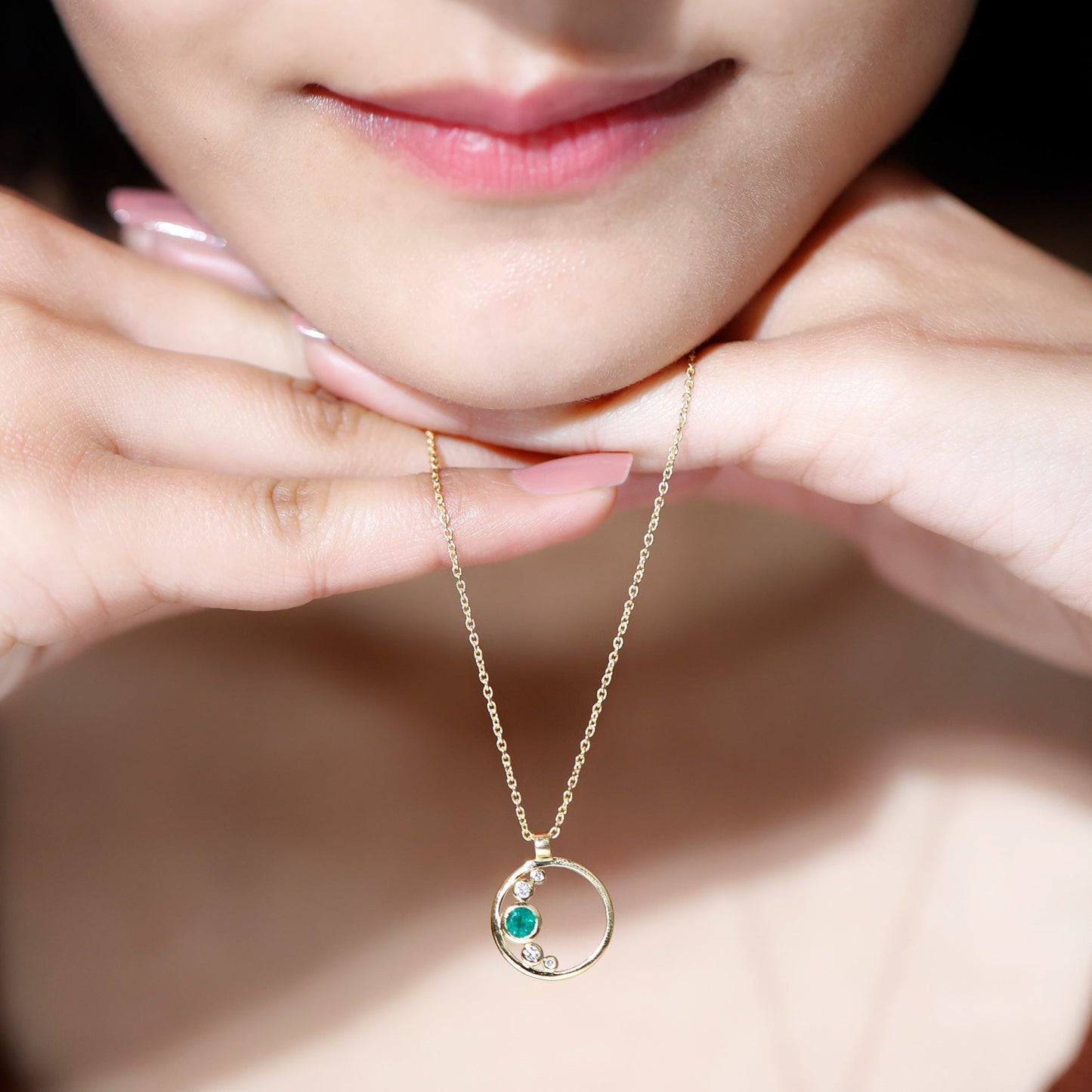 Bezel Set Emerald and Diamond Promise Necklace For Women