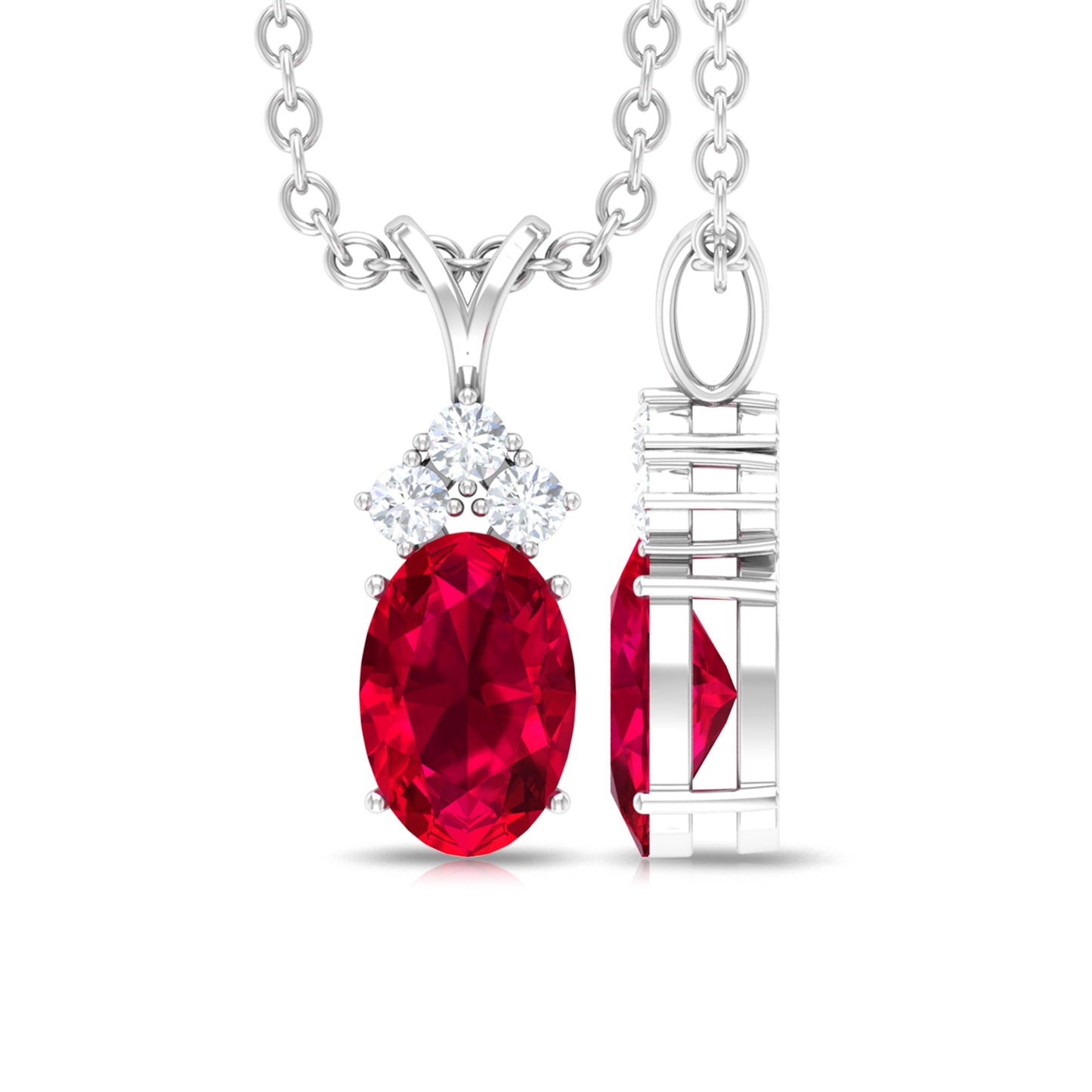 Natural 4X6MM Oval Ruby Pendant with Diamond Trio