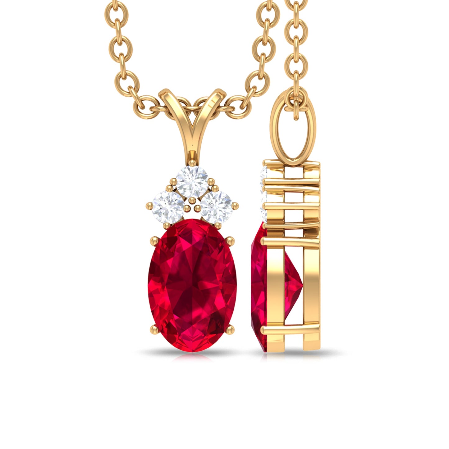 Natural 4X6MM Oval Ruby Pendant with Diamond Trio