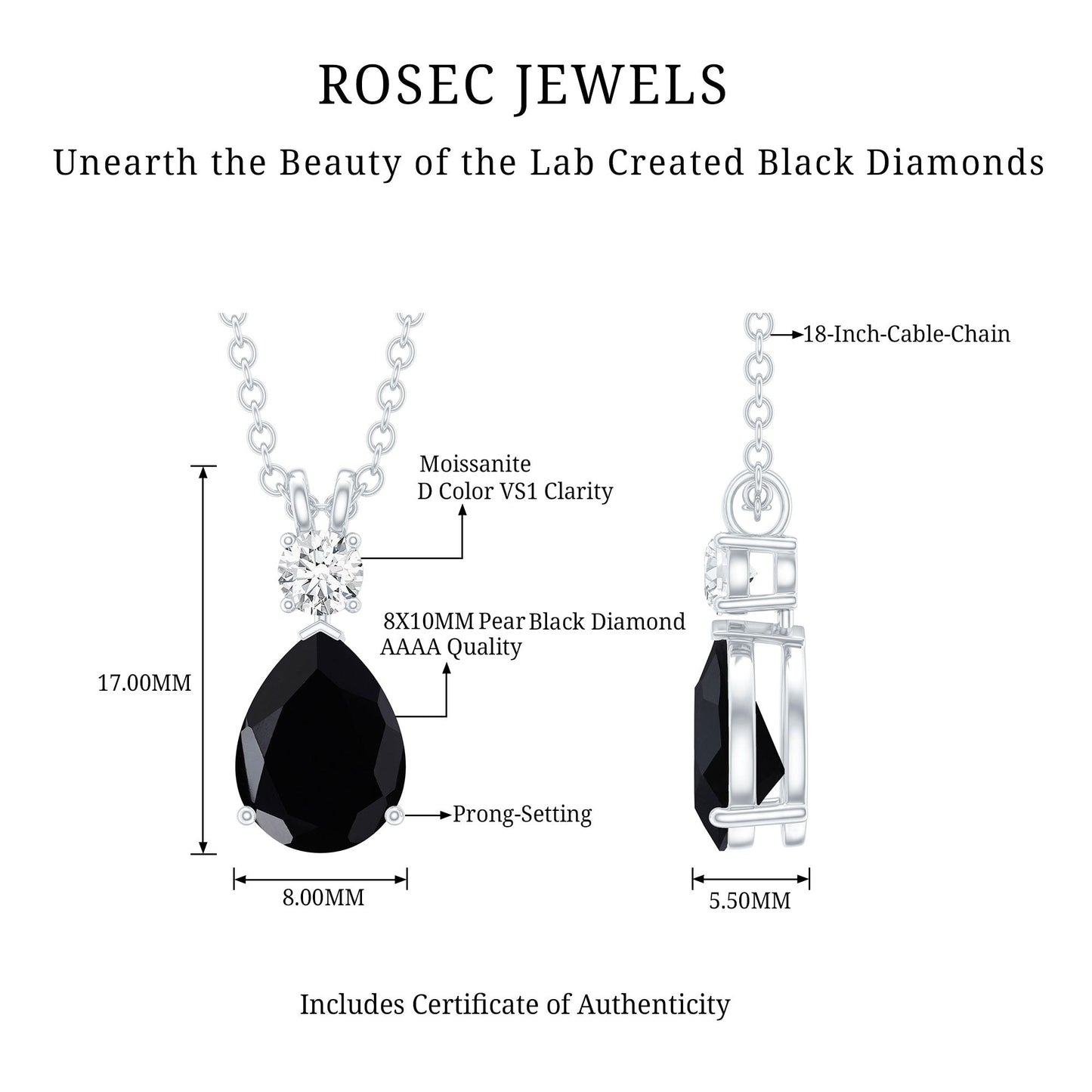 4 Carat Lab Created Black Diamond Teardrop Necklace with Moissanite