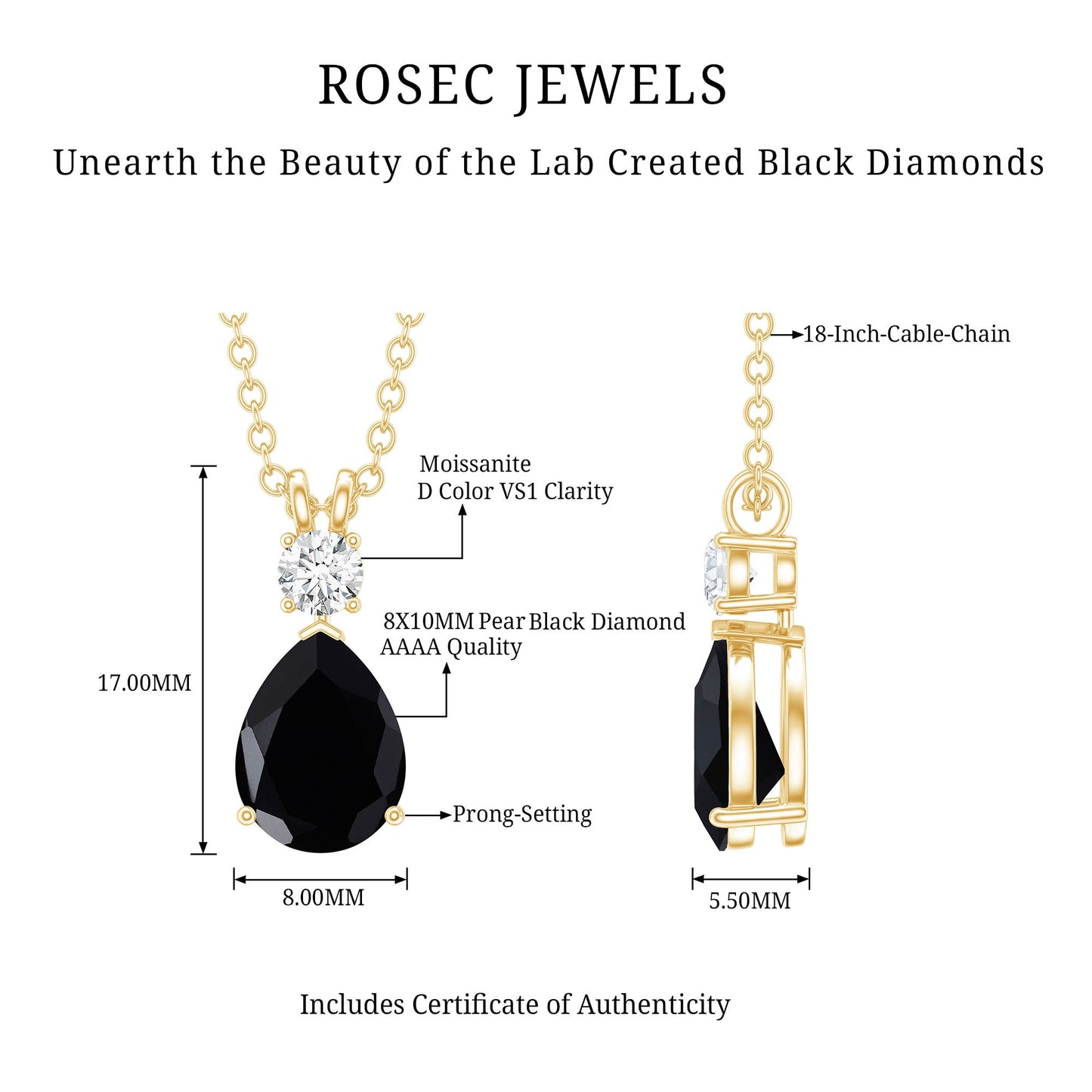 4 Carat Lab Created Black Diamond Teardrop Necklace with Moissanite
