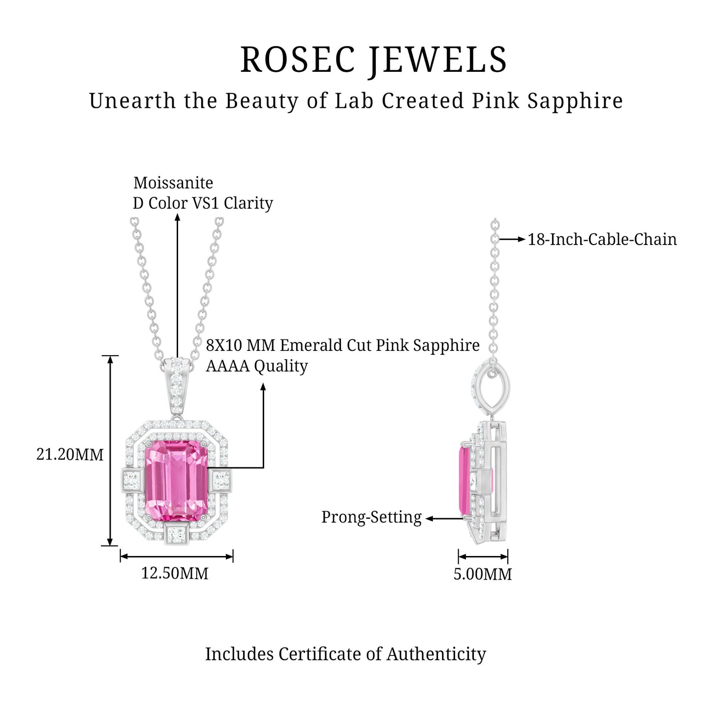 2.7 Carat Lab Created Pink Sapphire Emerald Cut Pendant with Moissanite