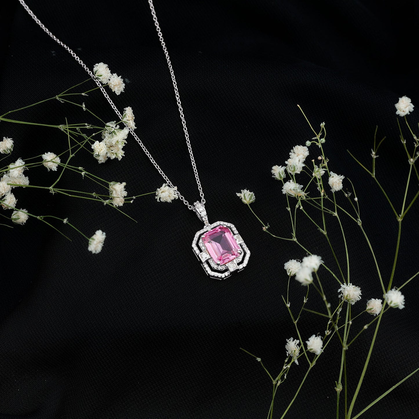 2.7 Carat Lab Created Pink Sapphire Emerald Cut Pendant with Moissanite