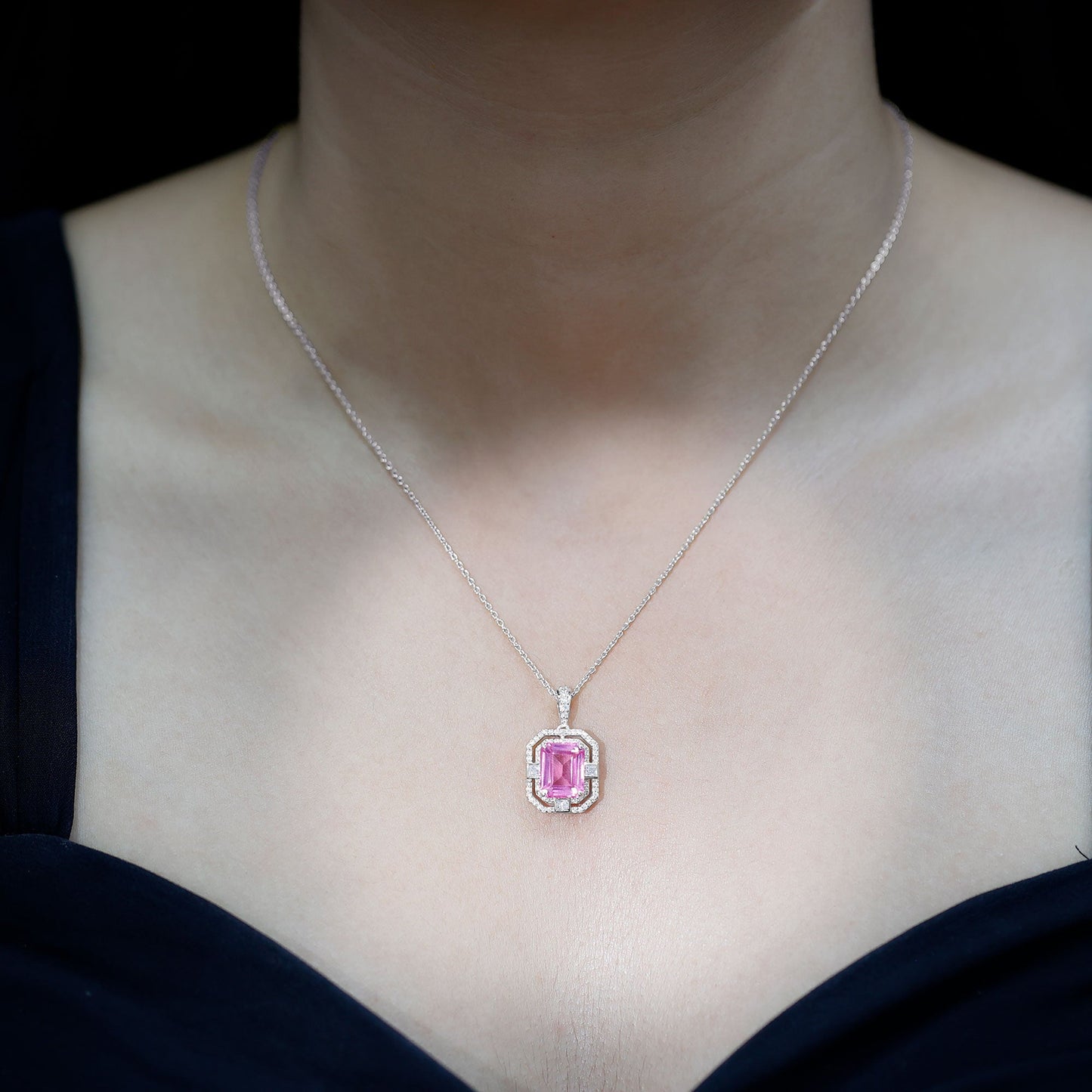 2.7 Carat Lab Created Pink Sapphire Emerald Cut Pendant with Moissanite