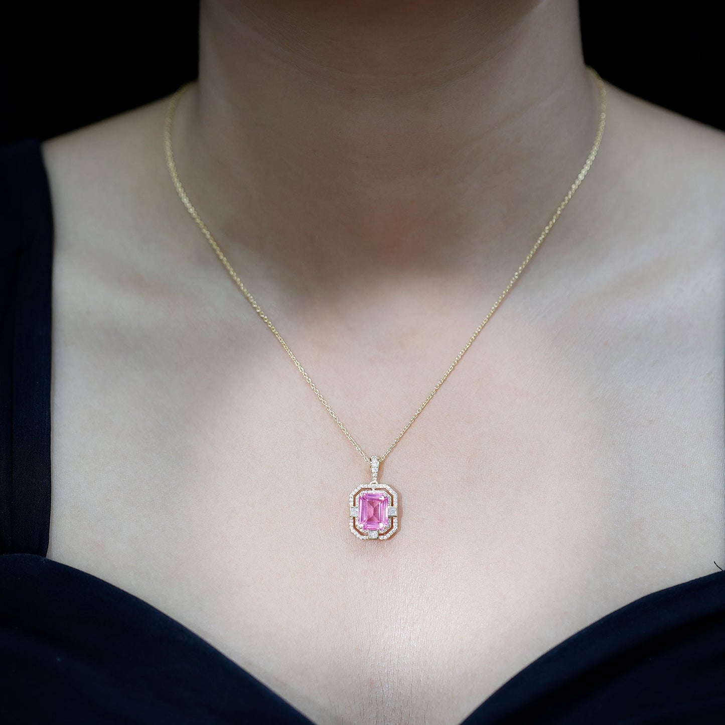 2.7 Carat Lab Created Pink Sapphire Emerald Cut Pendant with Moissanite