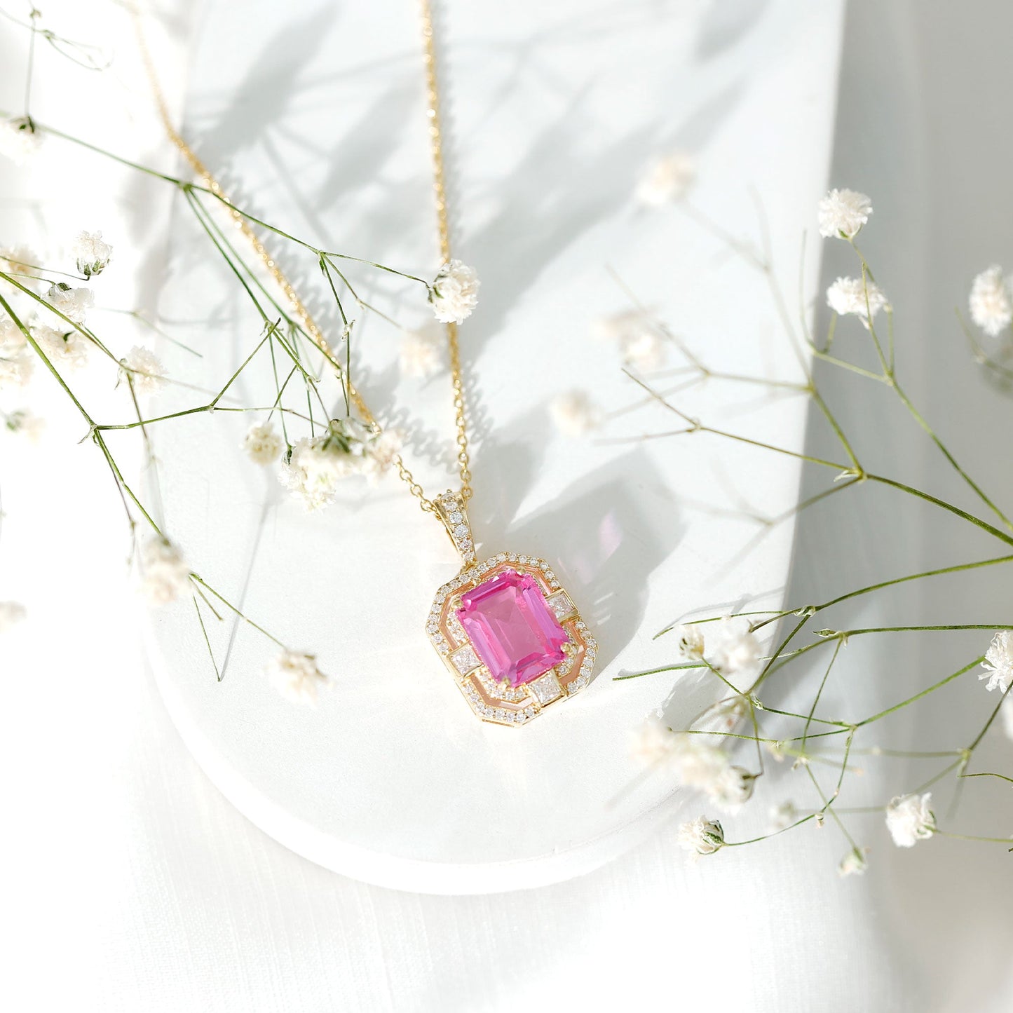 2.7 Carat Lab Created Pink Sapphire Emerald Cut Pendant with Moissanite