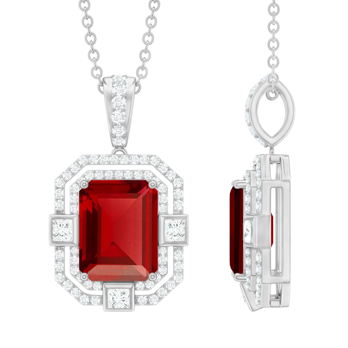 Vintage Inspired Octagon Created Ruby Pendant with Moissanite