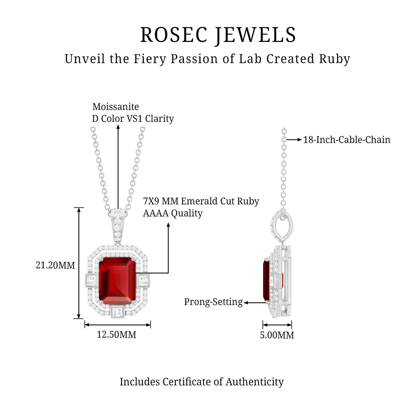 Vintage Inspired Octagon Created Ruby Pendant with Moissanite