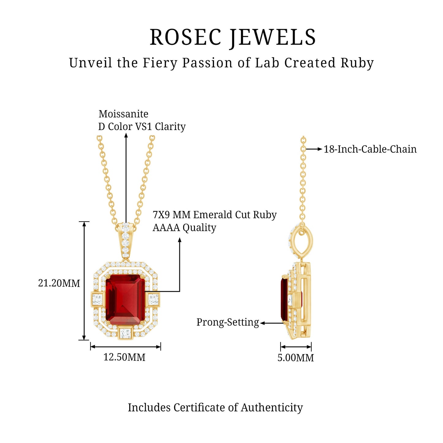 Vintage Inspired Octagon Created Ruby Pendant with Moissanite