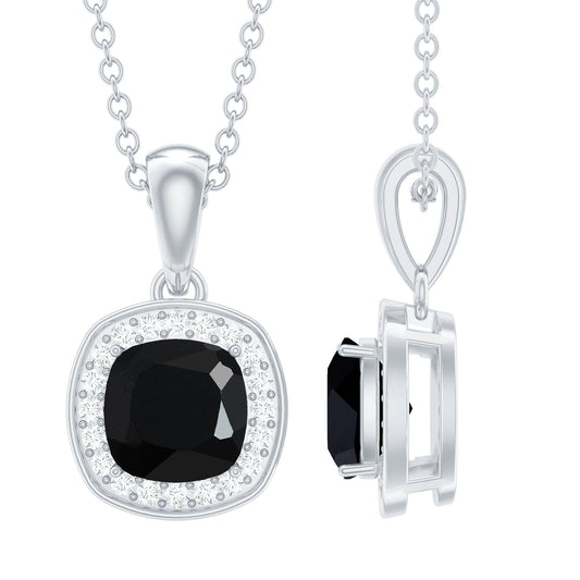 Cushion Cut 2 Carat Black Onyx and Moissanite Halo Necklace with Silver Chain