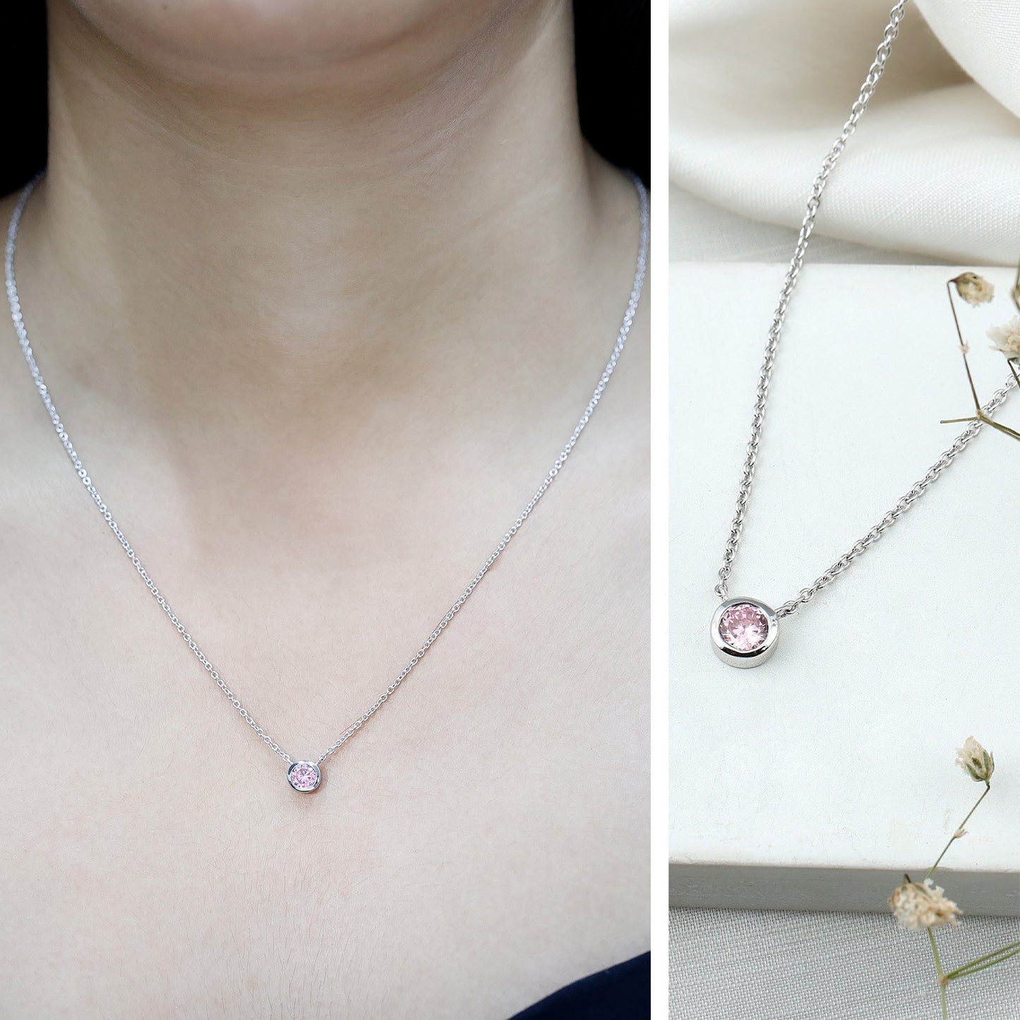 Natural Pink Sapphire Bezel Set Necklace in Sterling Silver