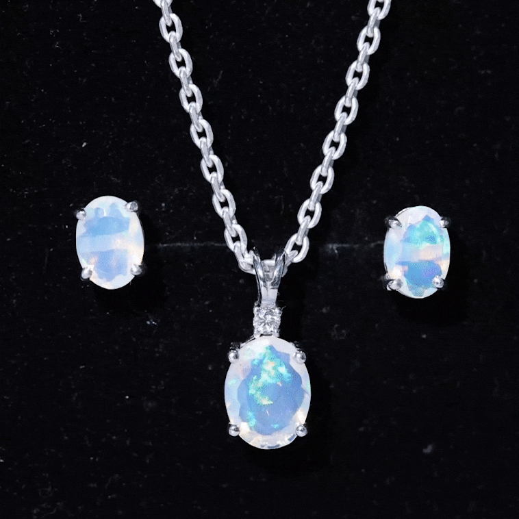 Real Ethiopian Opal Solitaire Jewelry Set with Diamond