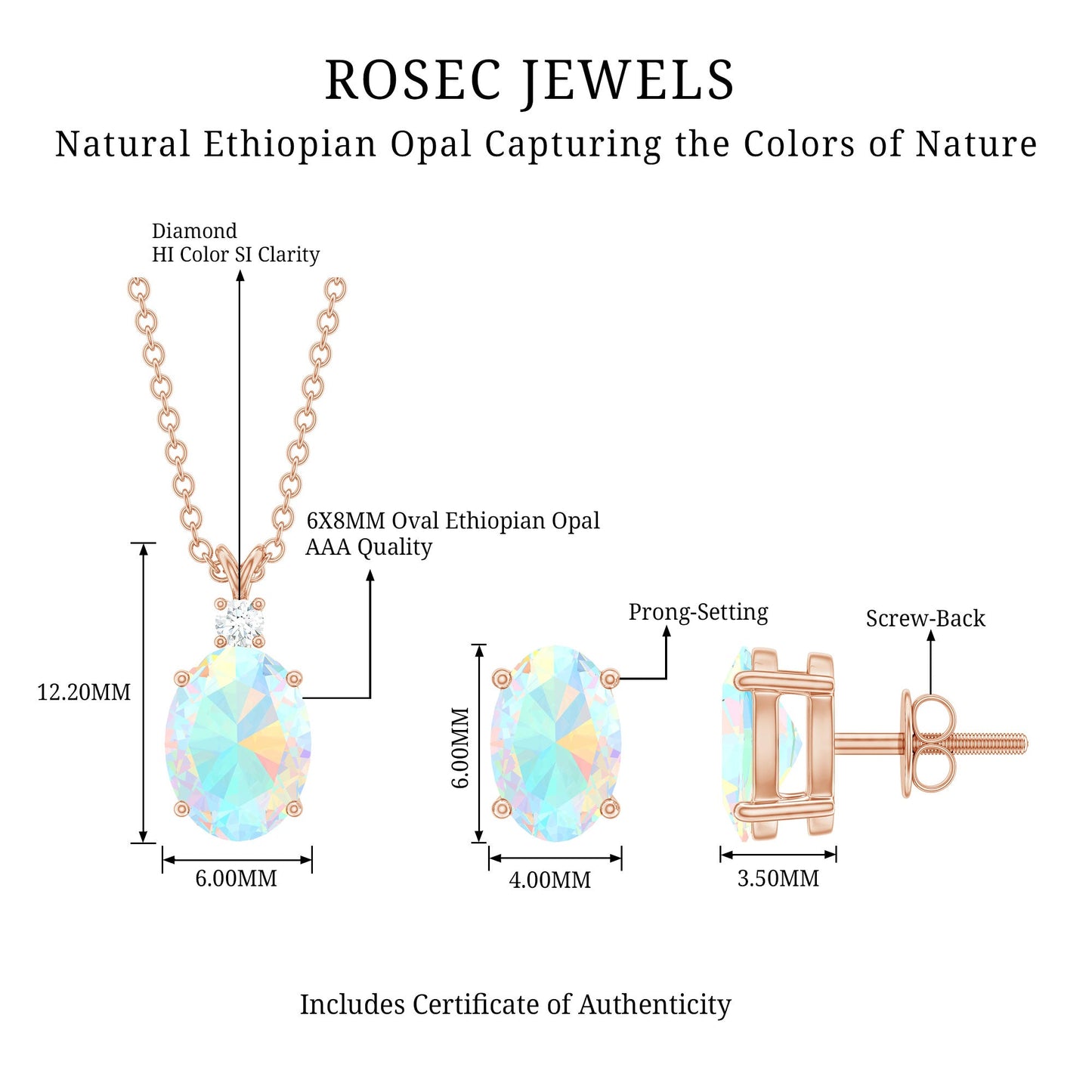 Real Ethiopian Opal Solitaire Jewelry Set with Diamond
