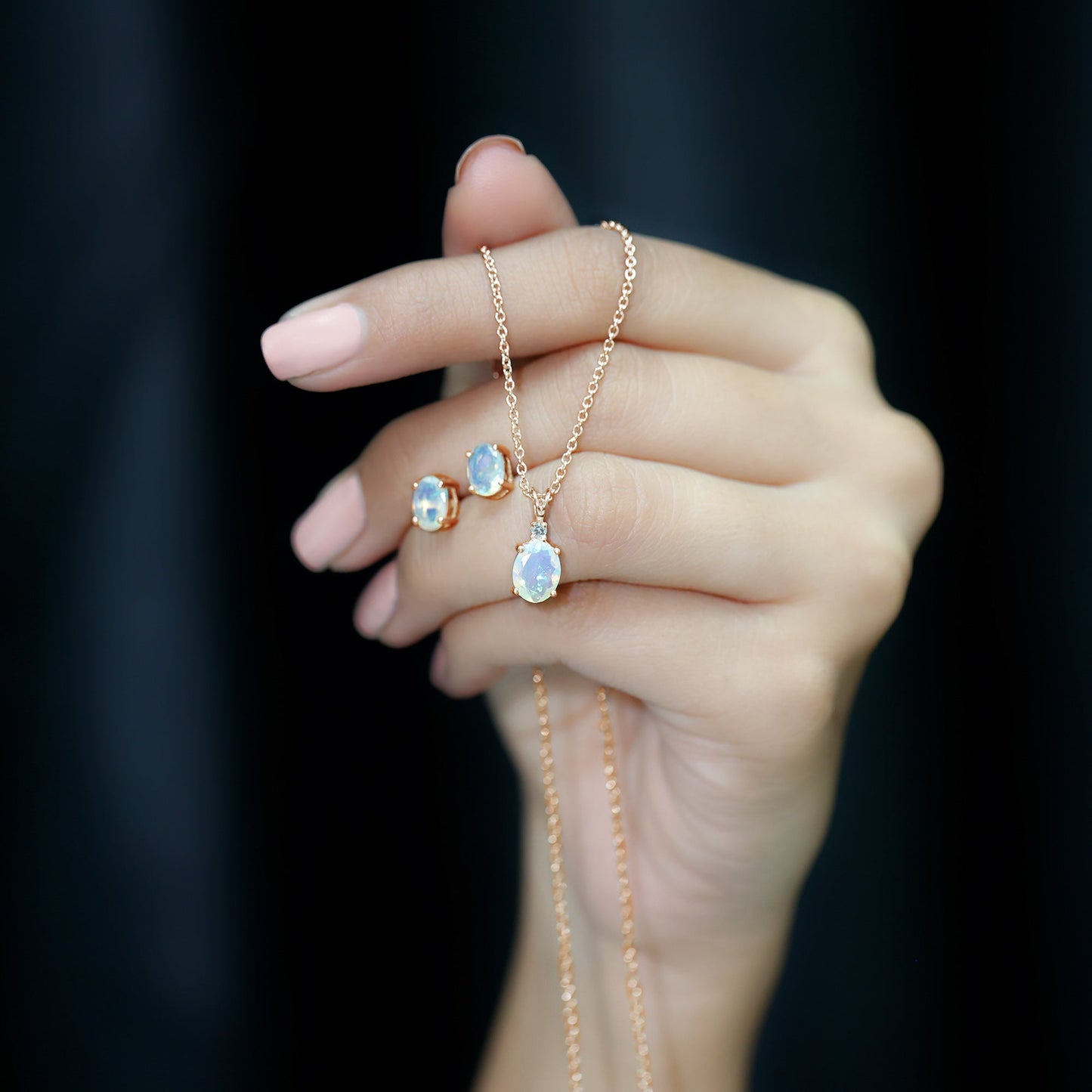 Real Ethiopian Opal Solitaire Jewelry Set with Diamond