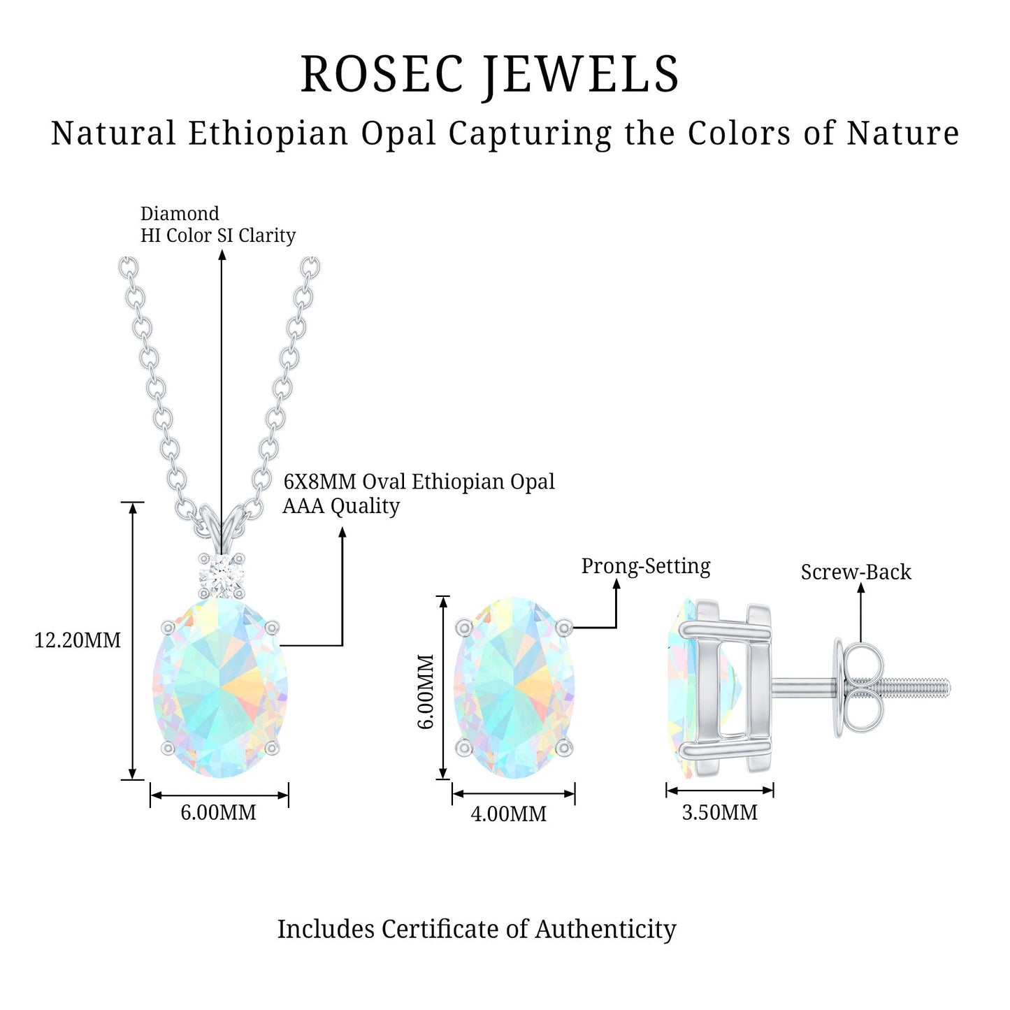 Real Ethiopian Opal Solitaire Jewelry Set with Diamond