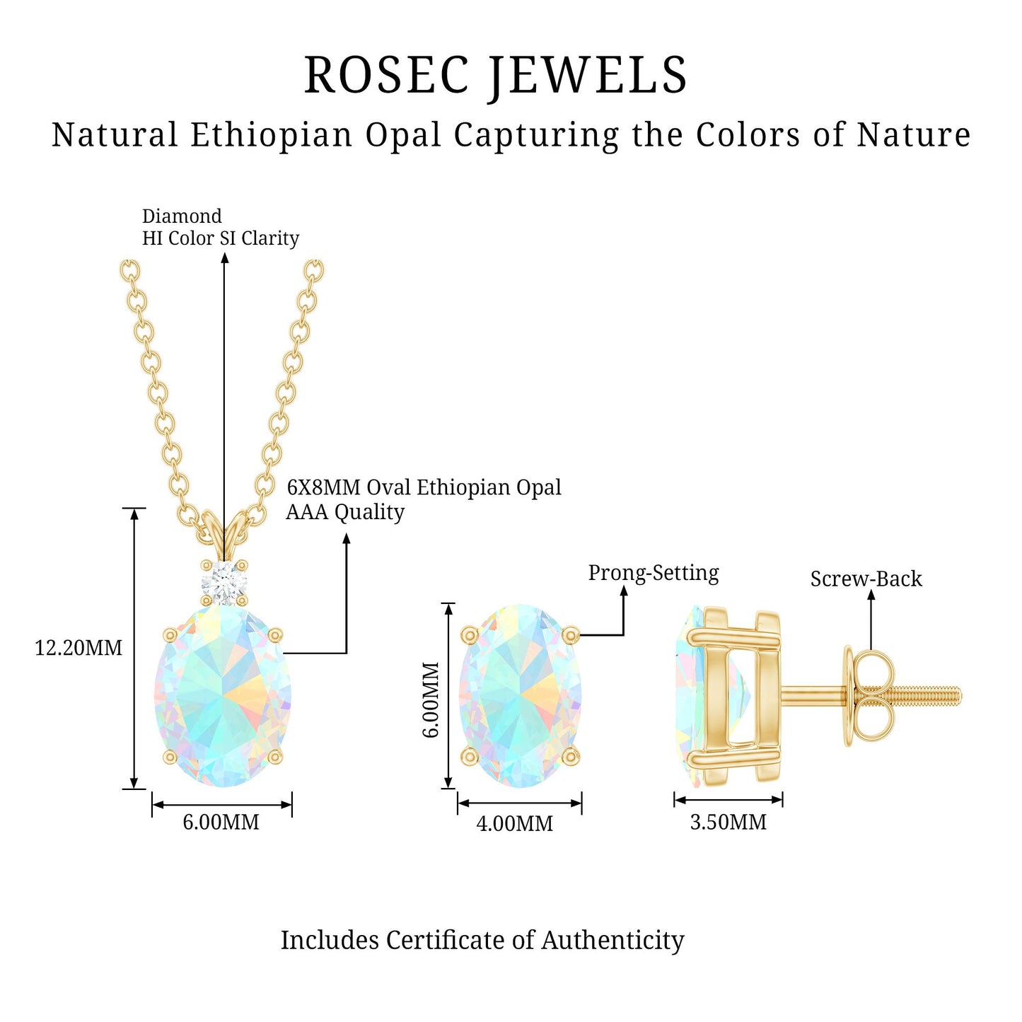 Real Ethiopian Opal Solitaire Jewelry Set with Diamond