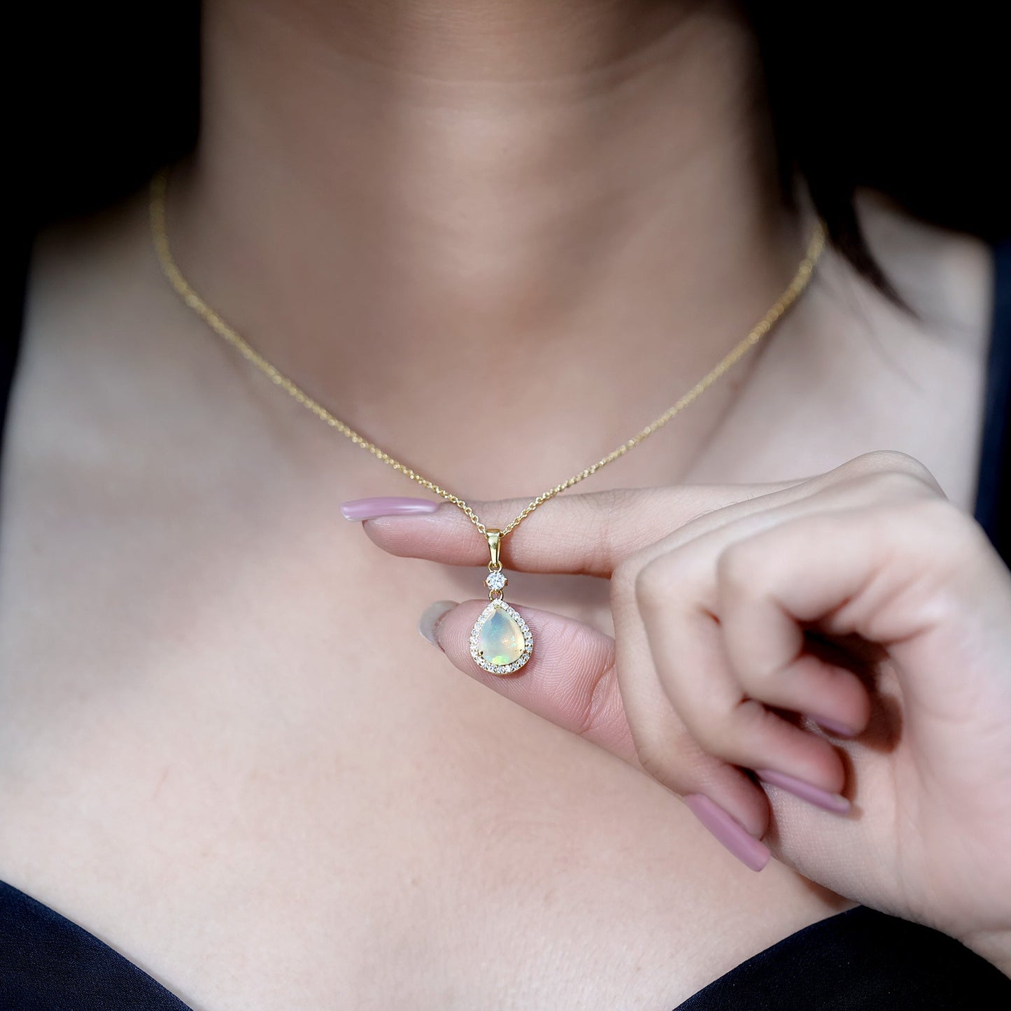 Certified Ethiopian Opal and Diamond Teardrop Necklace with Chain