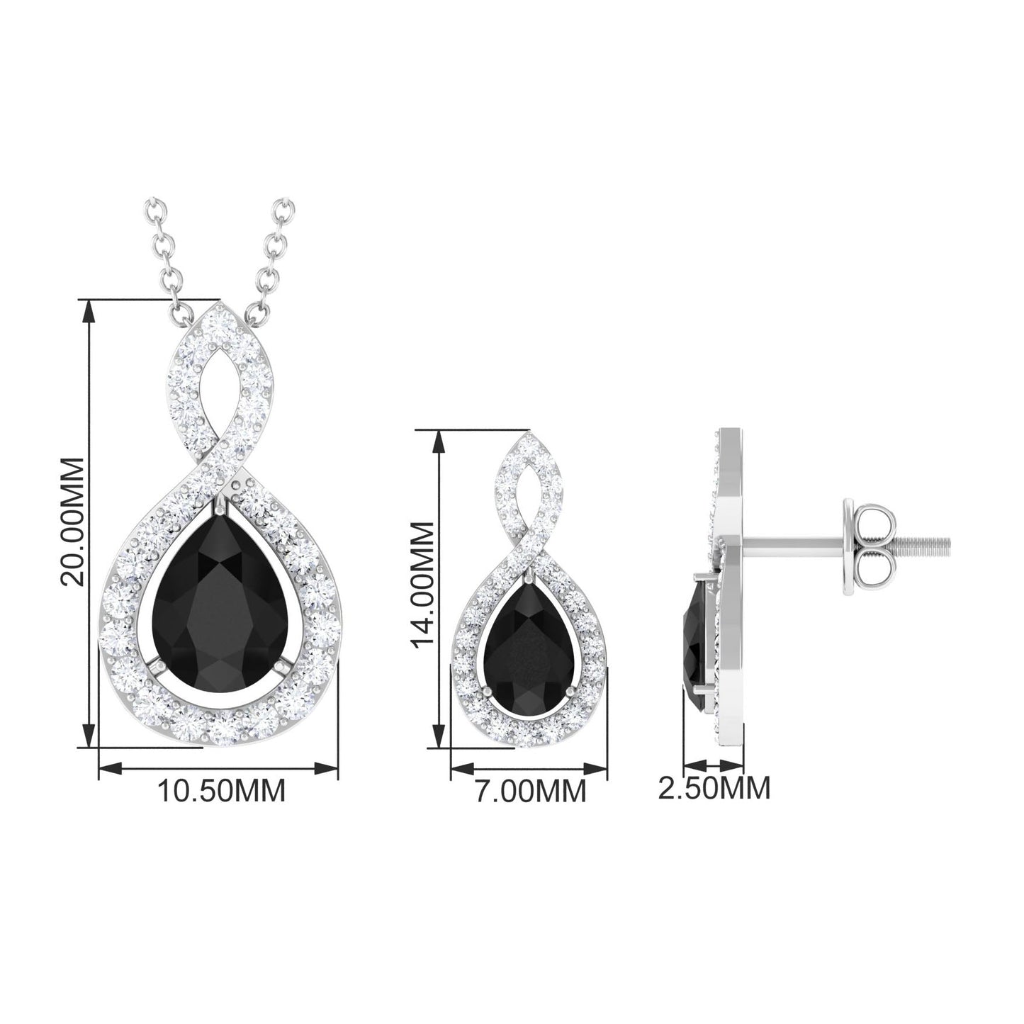 Natural Black Onyx Infinity Necklace and Earrings Set for Women