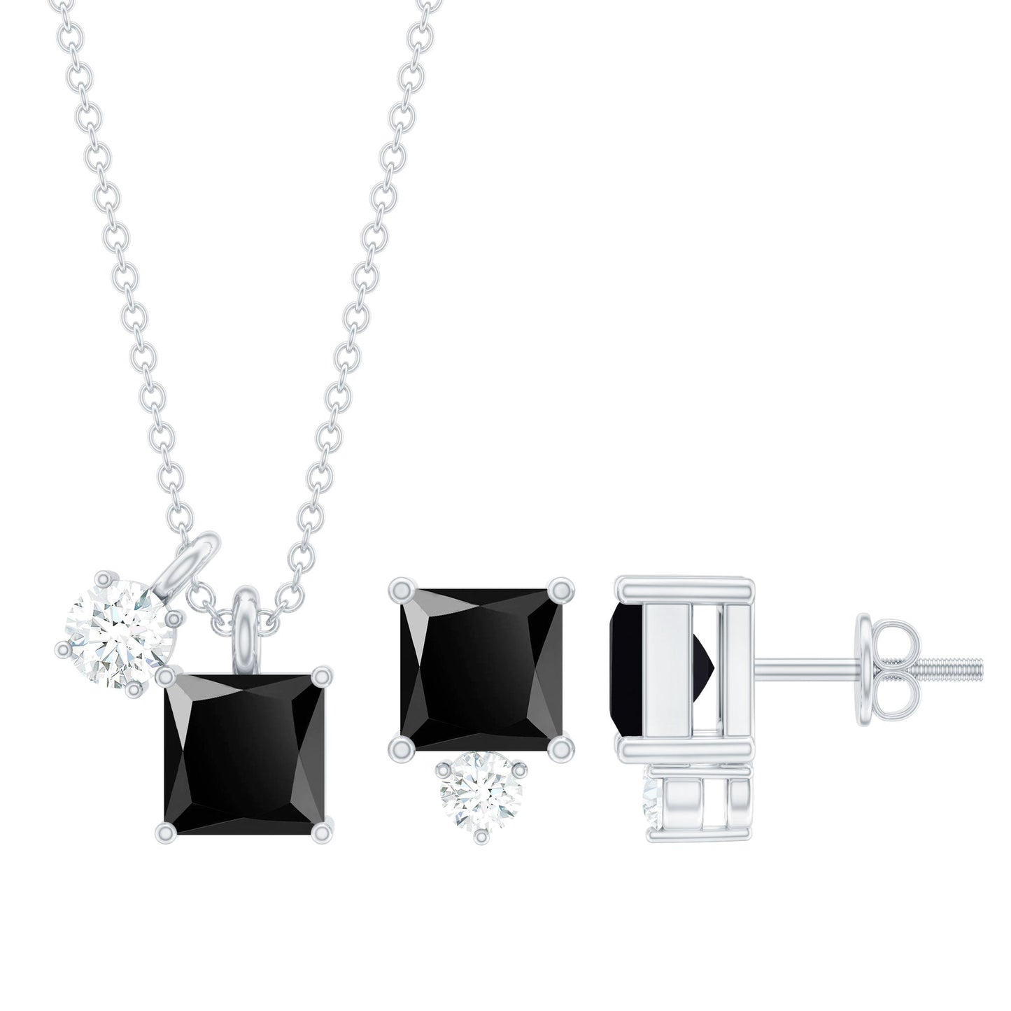 Natural 1.65 Carat Princess Cut Black Onyx Pendant and Earrings Set with Diamond