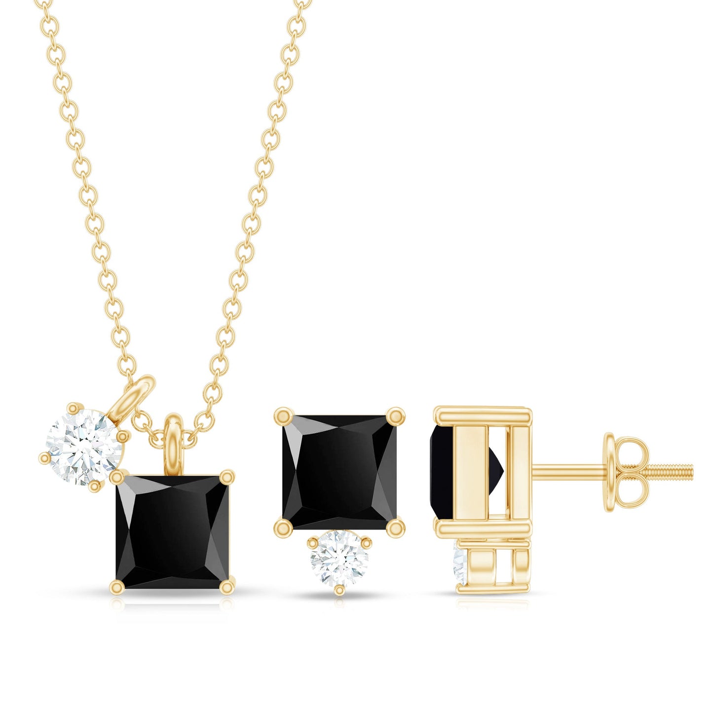 Natural 1.65 Carat Princess Cut Black Onyx Pendant and Earrings Set with Diamond