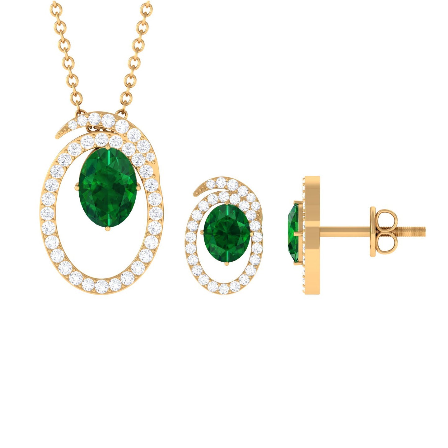 Oval Created Emerald and Moissanite Contemporary Jewelry Set