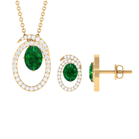 Oval Created Emerald and Moissanite Contemporary Jewelry Set