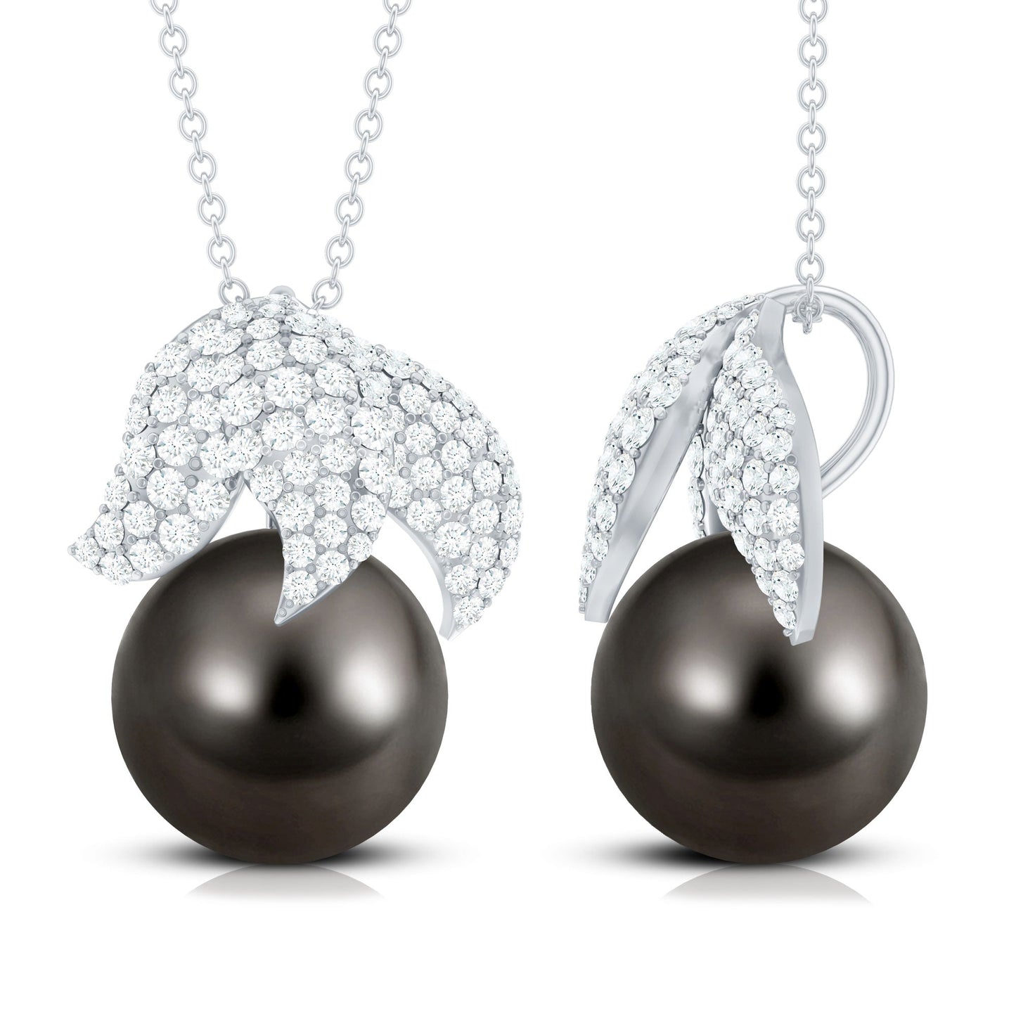 Black Tahitian Pearl and Diamond Leaf Pendant Necklace