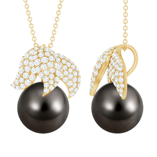 Black Tahitian Pearl and Diamond Leaf Pendant Necklace