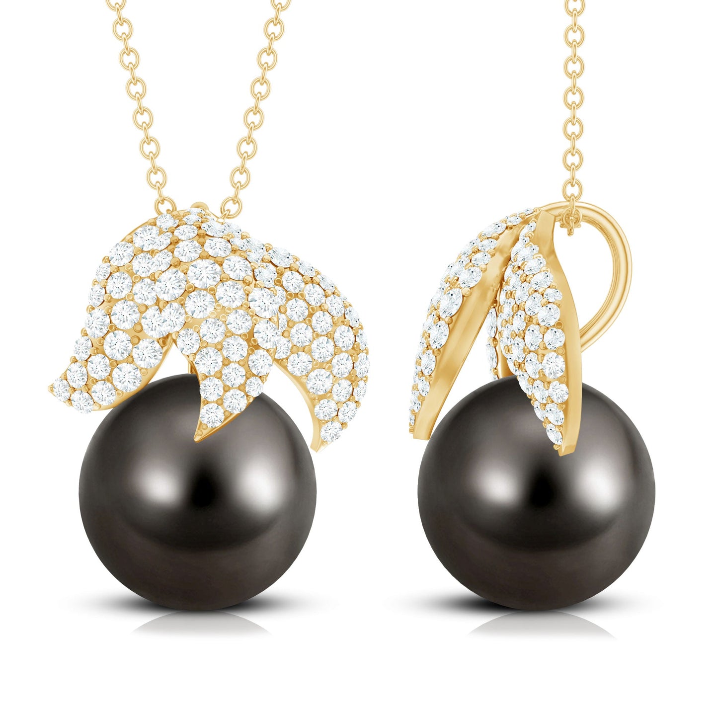 Black Tahitian Pearl and Diamond Leaf Pendant Necklace