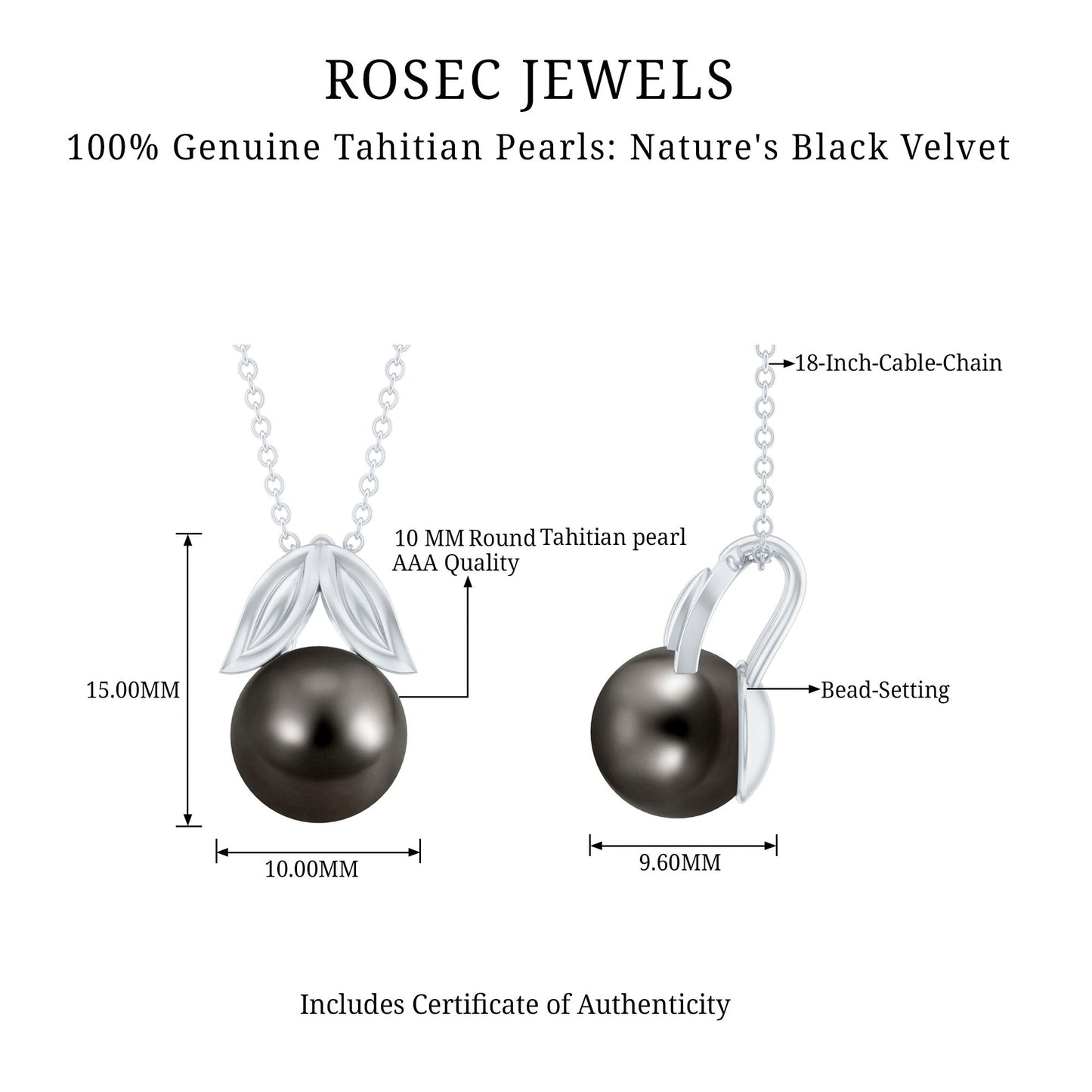 7.5 Carat Black Tahitian Pearl Solitaire Pendant with Leaf Motif