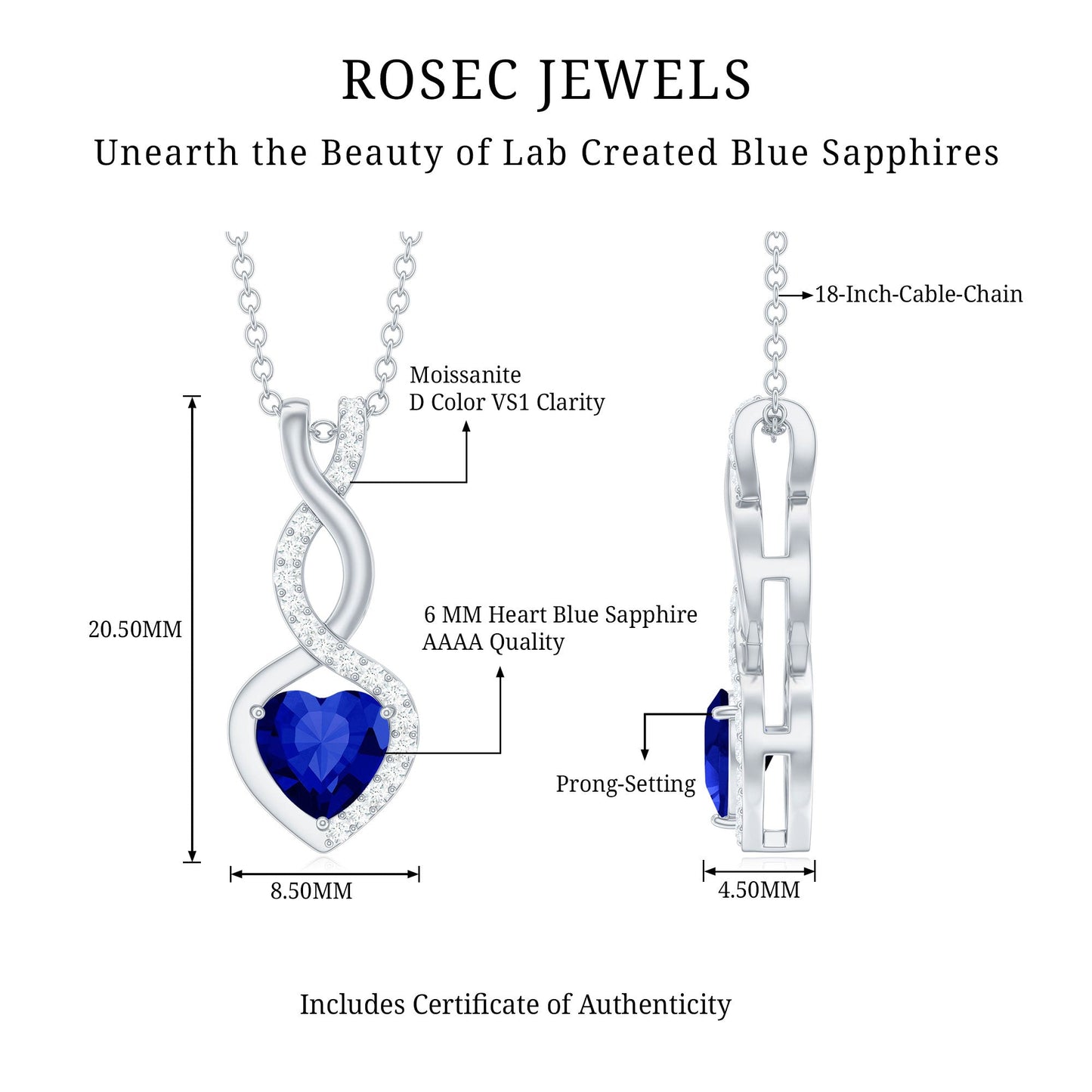 Certified Lab Grown Blue Sapphire Infinity Heart Necklace with Chain