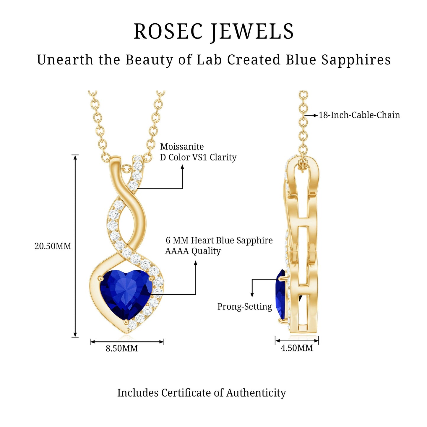 Certified Lab Grown Blue Sapphire Infinity Heart Necklace with Chain