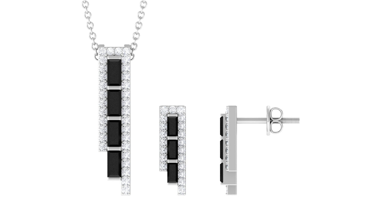 Real Baguette Shape Black Onyx Diamond Bar Jewelry Set for Women
