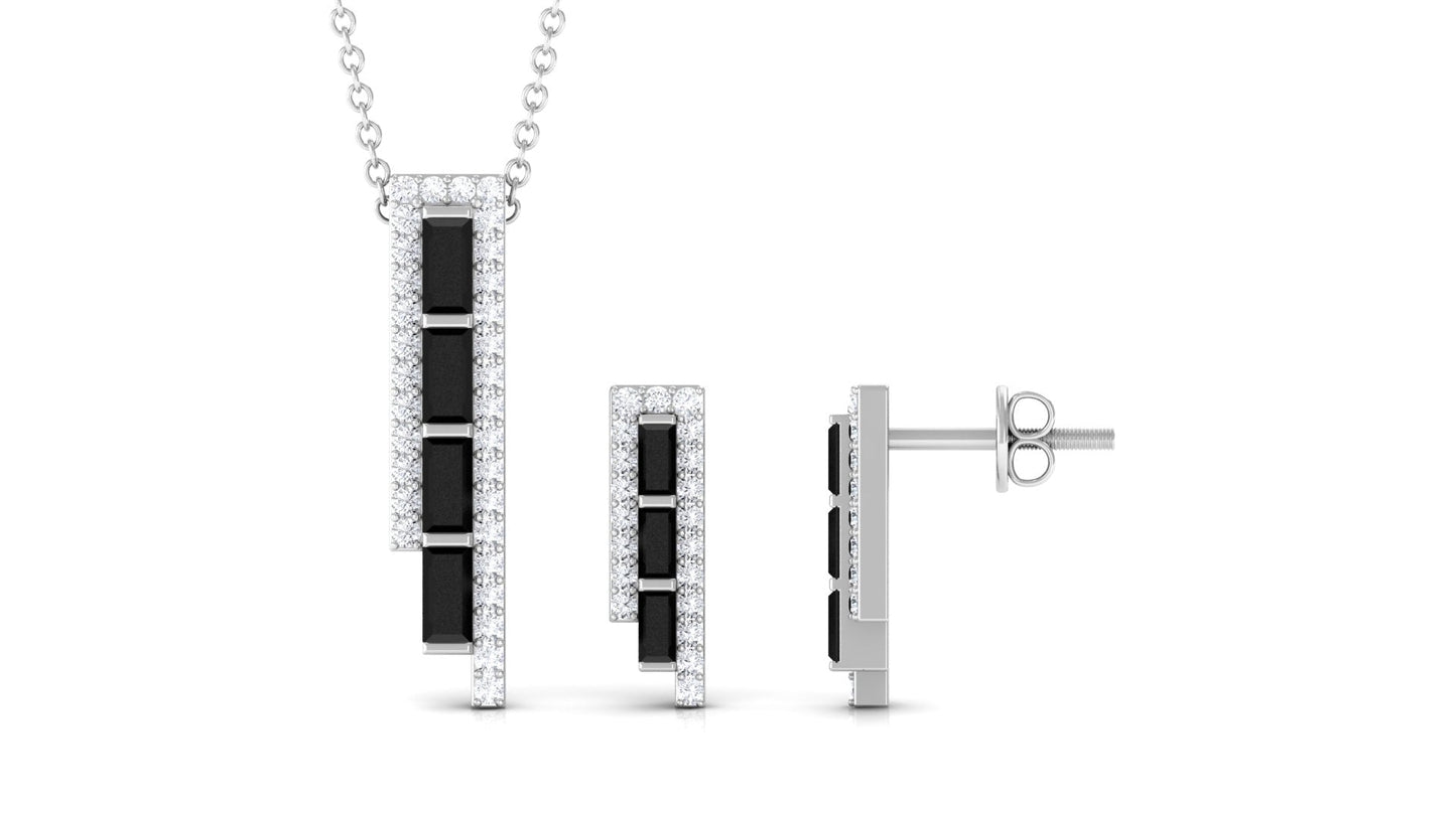 Real Baguette Shape Black Onyx Diamond Bar Jewelry Set for Women
