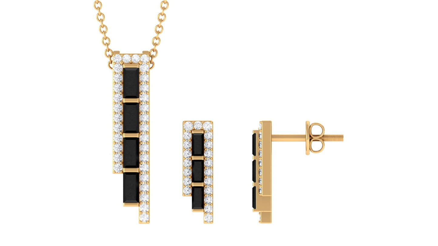 Real Baguette Shape Black Onyx Diamond Bar Jewelry Set for Women