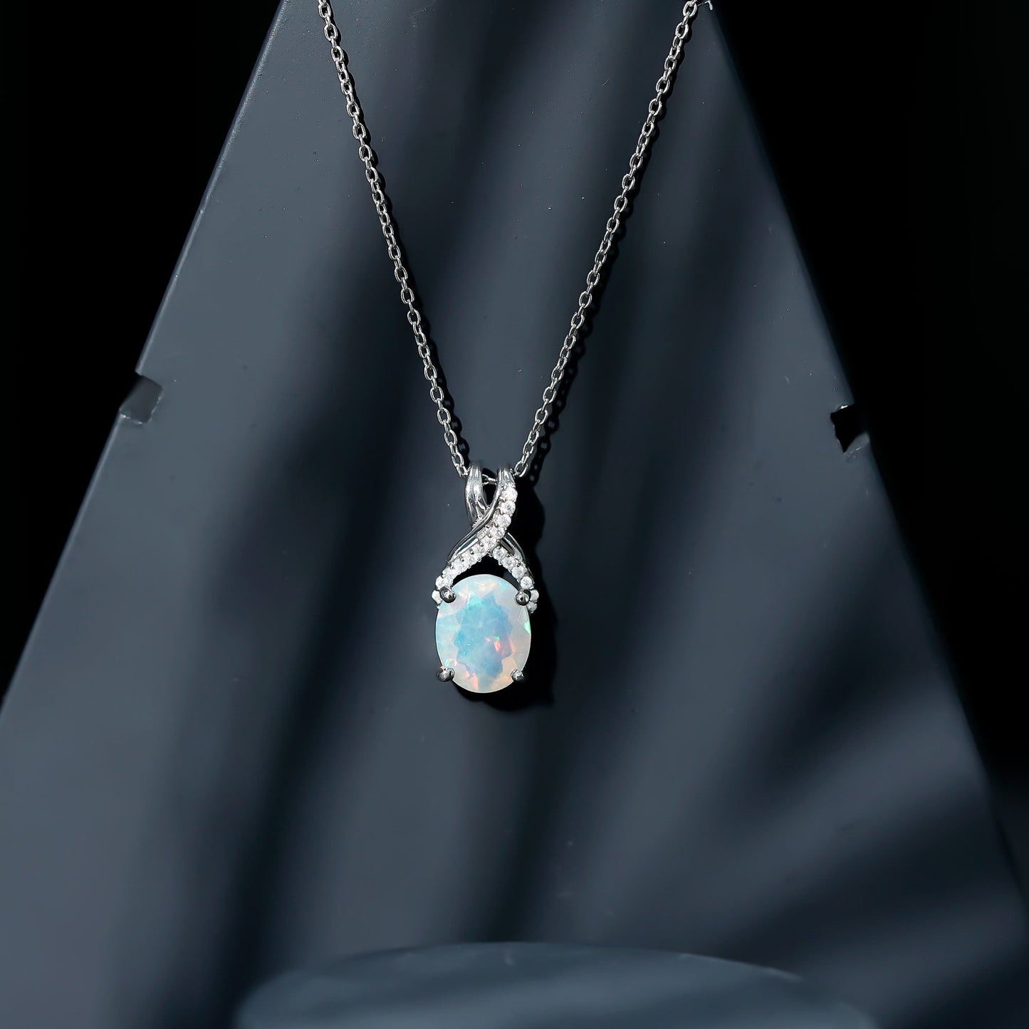 8X10 MM Oval Rainbow Opal Solitaire Necklace with Moissanite