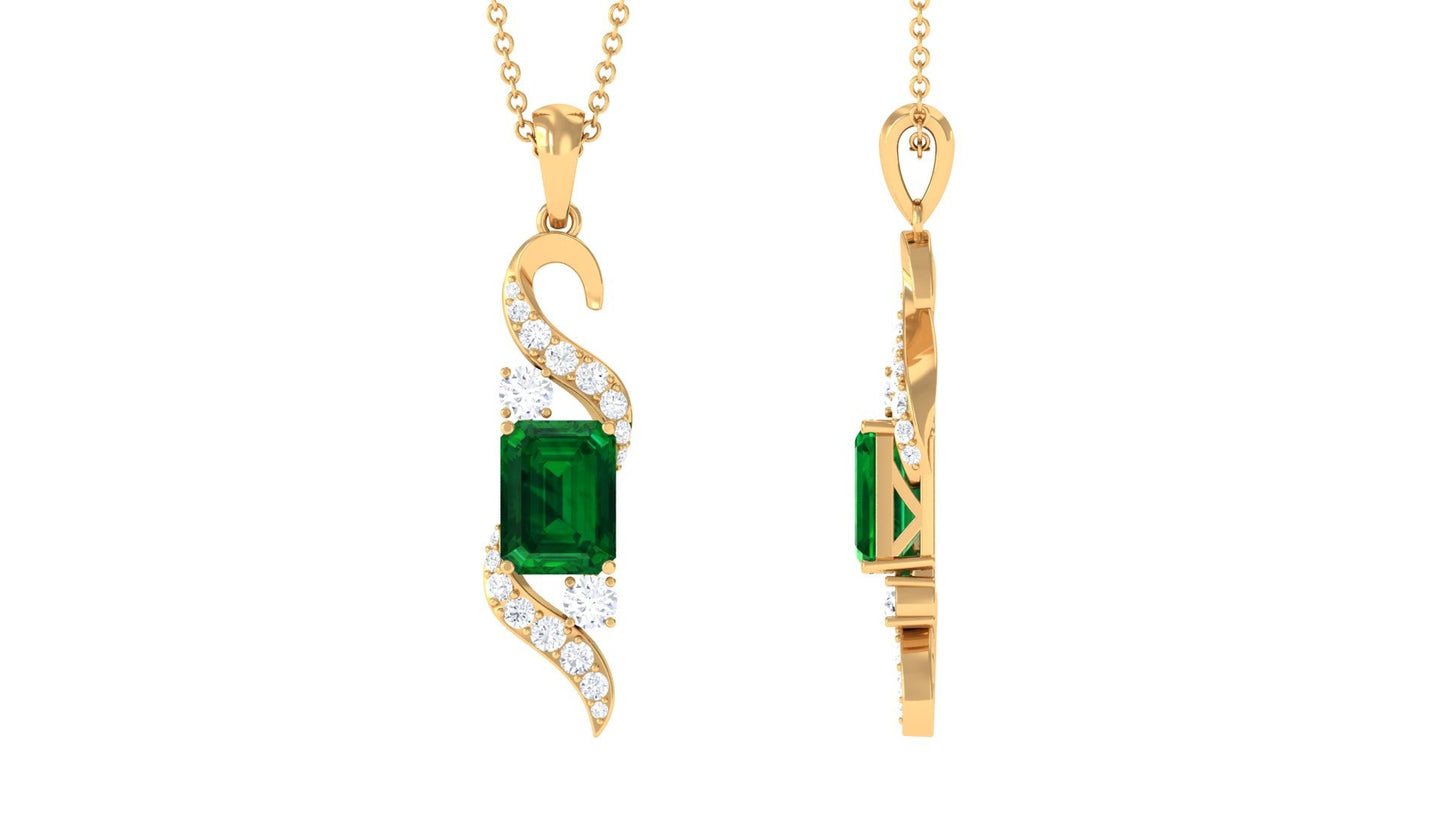 2.25 CT Octagon Cut Created Emerald Designer Drop Pendant with Diamond