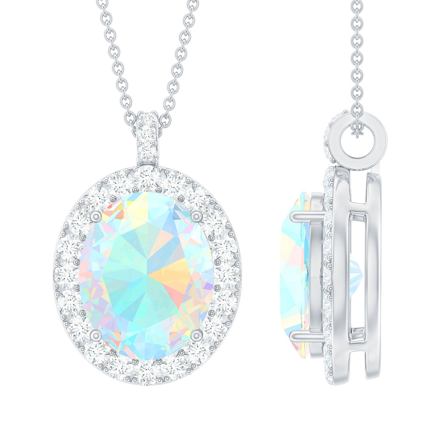 Real 1 Carat Ethiopian Opal Oval Pendant Necklace with Diamond Halo