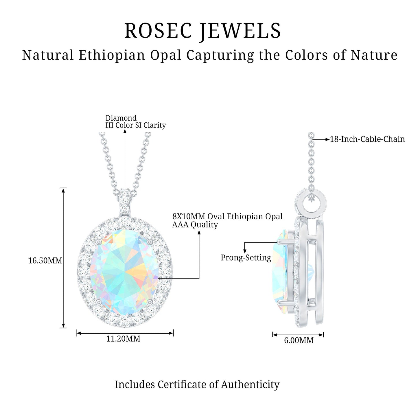 Real 1 Carat Ethiopian Opal Oval Pendant Necklace with Diamond Halo