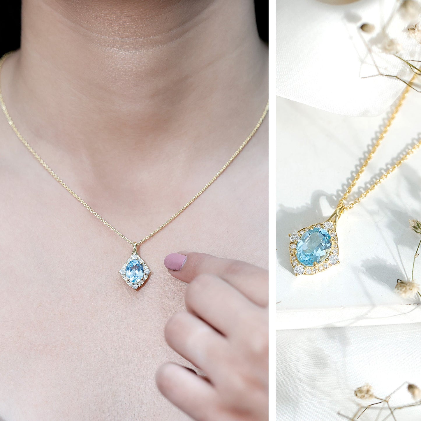 Vintage Style Sky Blue Topaz Diamond Halo Necklace