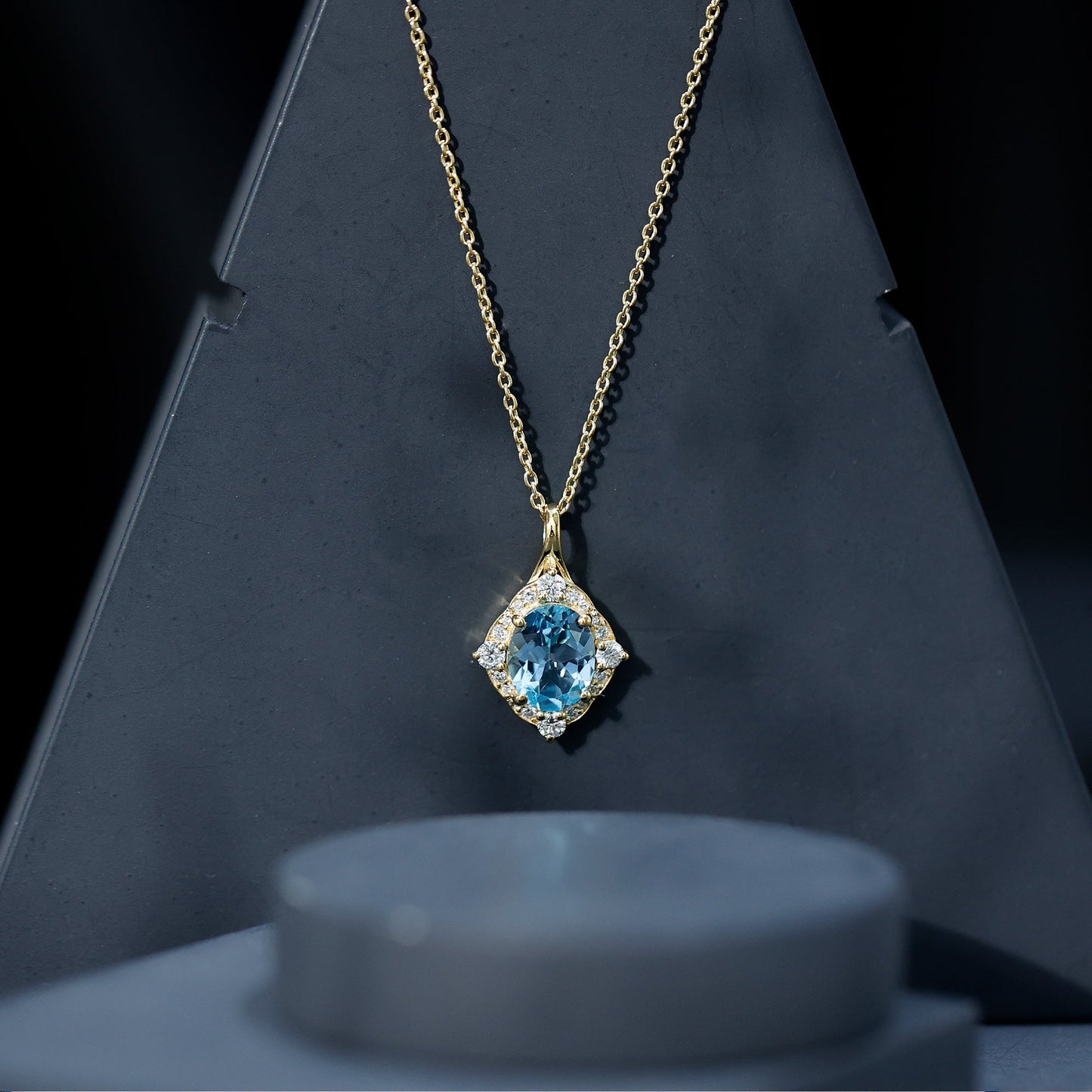 Vintage Style Sky Blue Topaz Diamond Halo Necklace