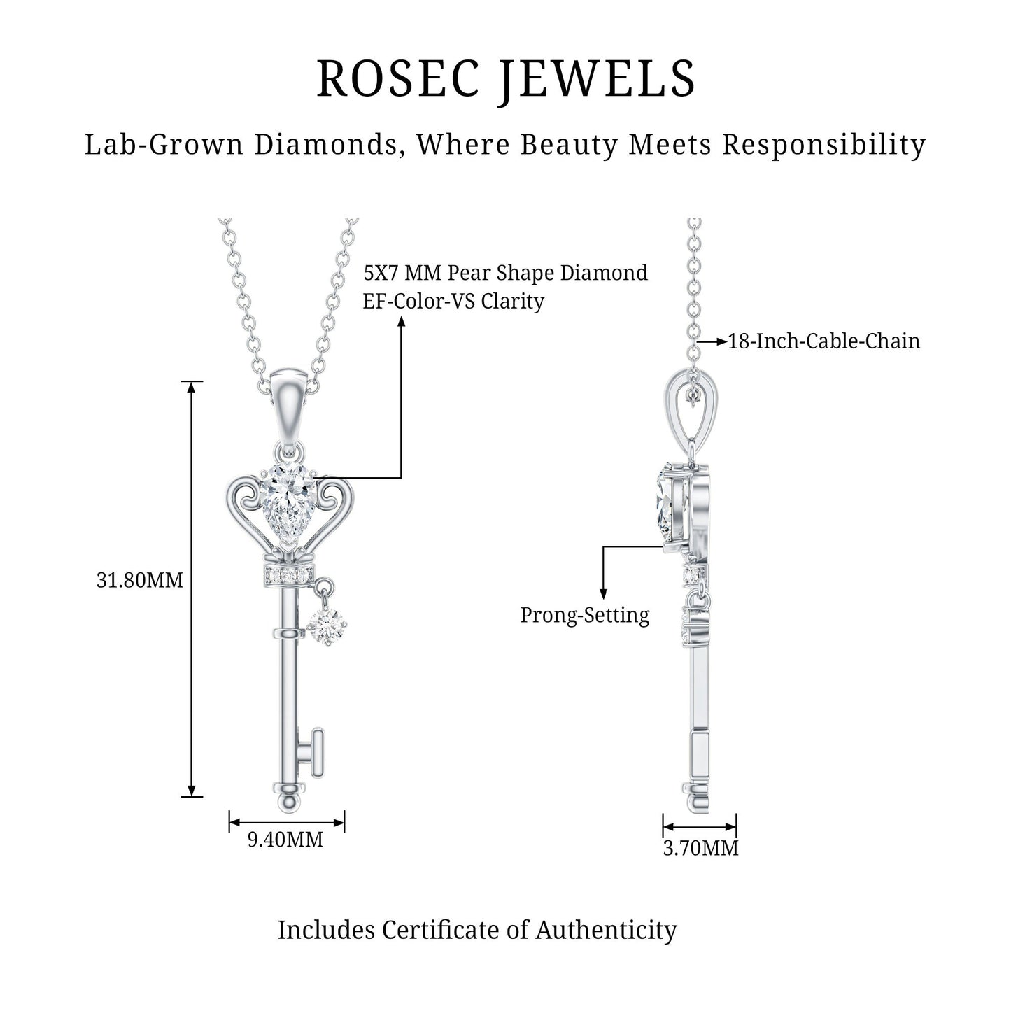 Certified Lab 5X7 MM Pear Shaped Diamond Key Pendant