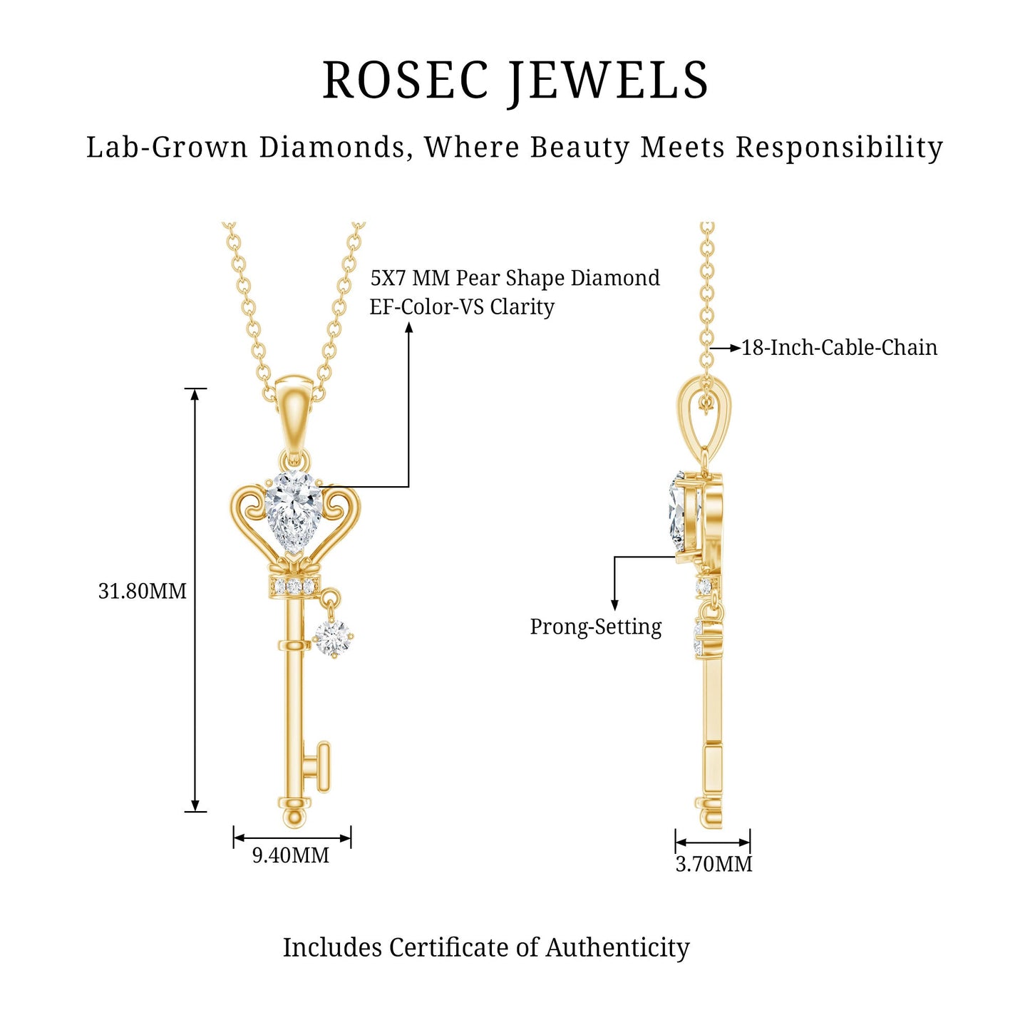Certified Lab 5X7 MM Pear Shaped Diamond Key Pendant