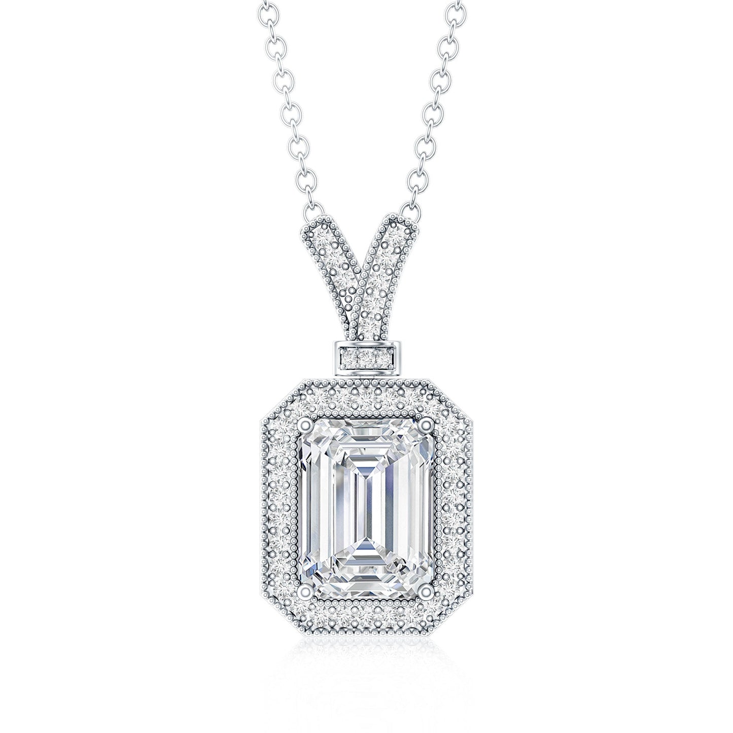 Lab Created Diamond 6X8 MM Emerald Cut Halo Necklace