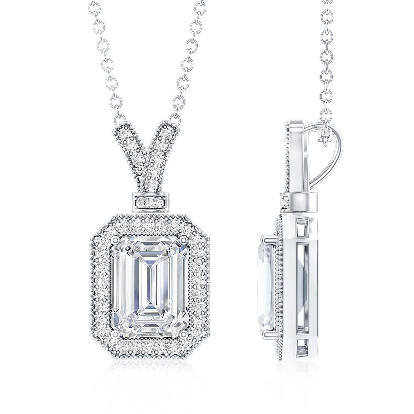 Lab Created Diamond 6X8 MM Emerald Cut Halo Necklace
